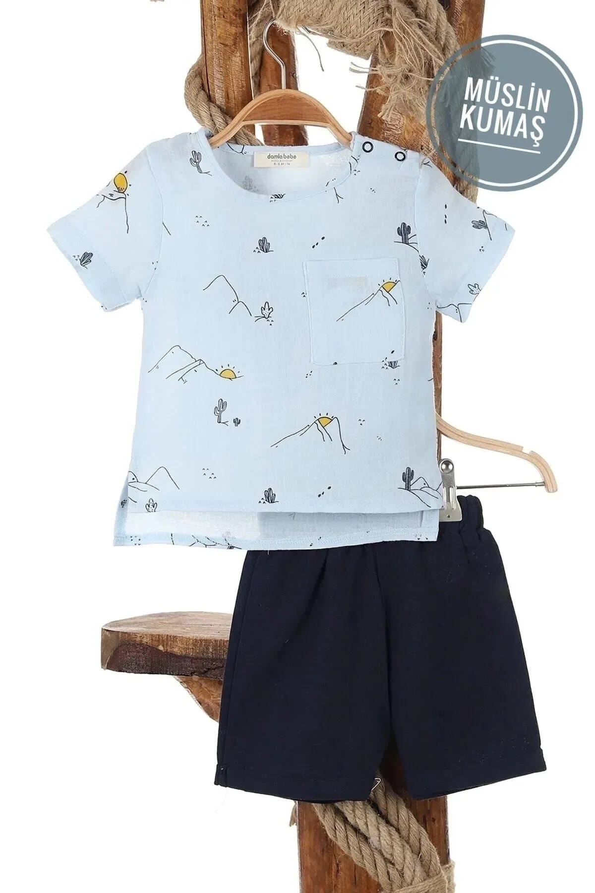 Unisex Bebek Güneş Baskılı %100 Pamuk Müslin Alt Üst Bebek Takımı R503 - MAVİ