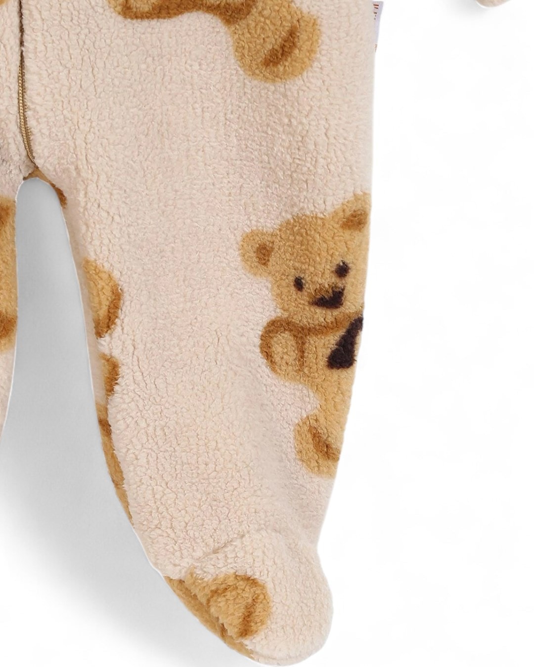 6-9 Aylık Ayıcıklar Baskılı Fermuarlı Kışlık Welsoft Peluş Kapşonlu Tulum , Ayakları Kapalı R2202