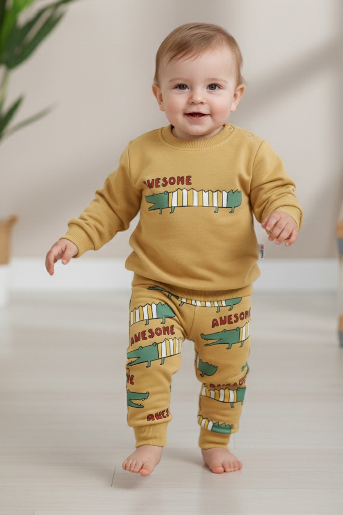 Erkek Bebek Timsah Baskılı %100 Pamuklu Mevsimlik 6-9-12-18-24 Aylık 2 İplik Bebek Takımı R1084 - HARDAL