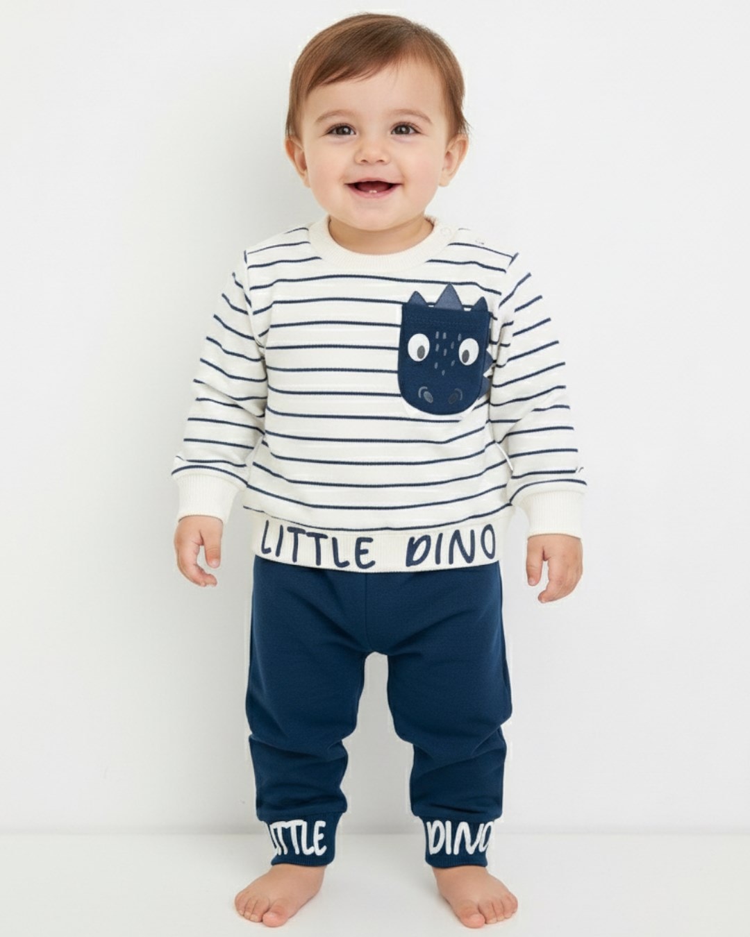 Erkek Bebek Mevsimlik Çizgili Bisiklet Yaka Uzun Kollu %100 Pamuk Bebek Takımı R639 - LACİVERT