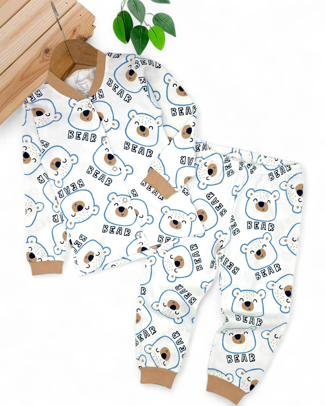 Erkek Bebek Ayıcık Baskılı Mevsimlik %100 Pamuklu Çıtçıtlı Gecelik Pijama Takımı l 6-24 Ay R2252