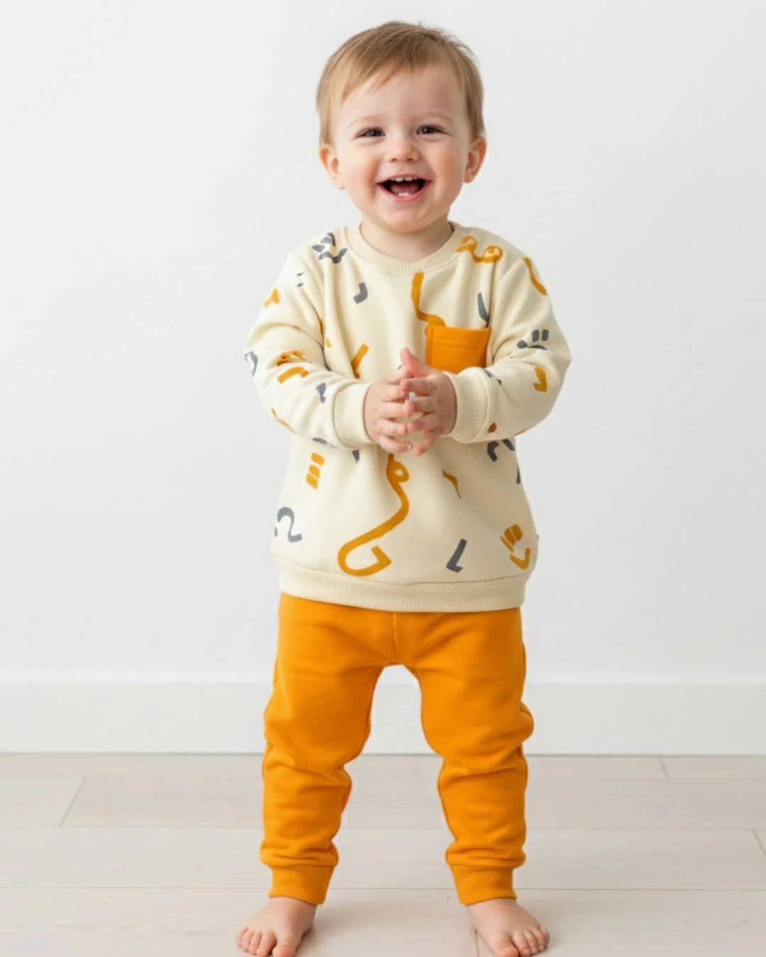 Erkek Bebek  6-9-12-18-24 Ay Kışlık 3 İP Şardonlu Baskılı Alt Üst Şık Eşofman Takımı R2275 - TURUNCU