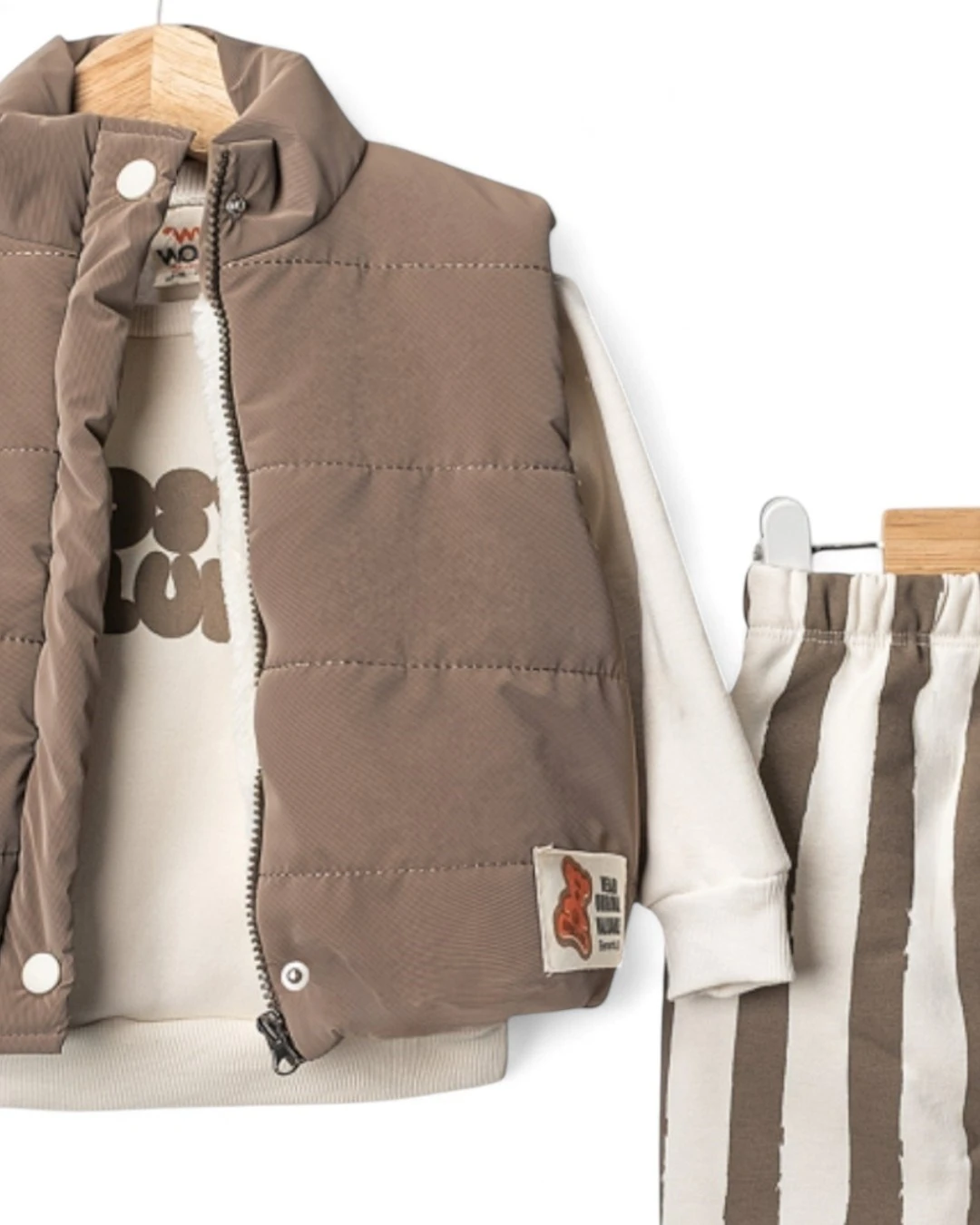 Erkek Bebek Yelekli Şık Kombin, 6-9-12-18-24 Aylık 3 Parçalı Şişme Yelekli Alt Üst Bebek Takımı R2344