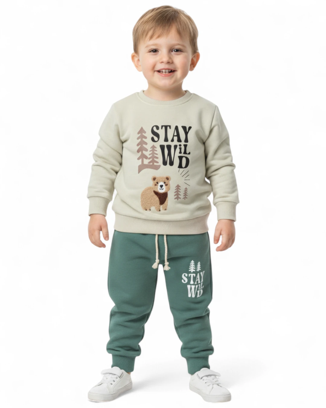 Erkek Çocuk Kışlık 3 İp Şardonlu, Ayıcık Nakışlı, 1-2-3-4 Yaş Alt Üst Bebek Eşofman Takımı R2342 - YEŞİL
