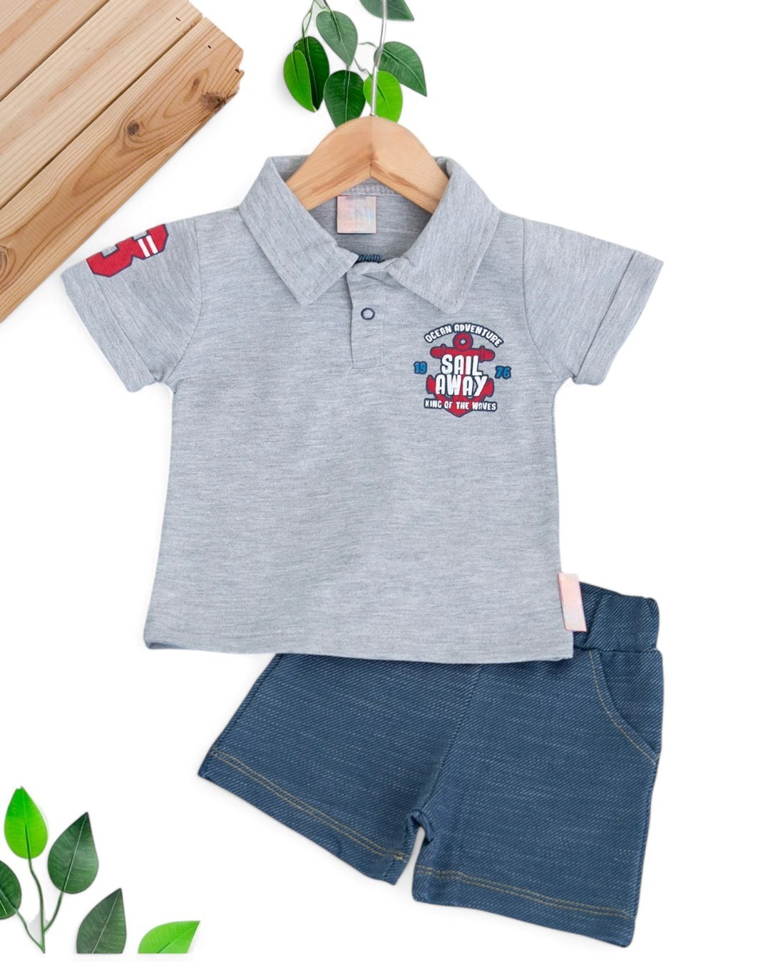 ERKEK BEBEK YAZLIK POLO YAKALI YUMUŞAK KOT ŞORTLU 6-9-12-18-24 AY BEBEK TAKIMI R1696 - GRİ