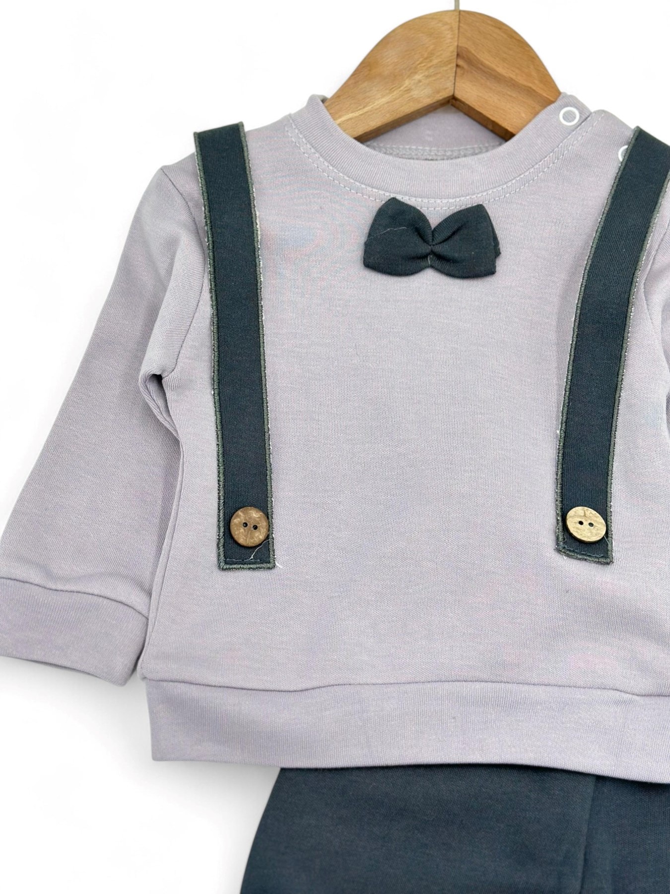 Erkek Bebek Papyonlu Kendinden Askılıklı Bodyli 2 İplik Mevsimlik Şık Bebek Takımı 3-6-9-12 AY R1378