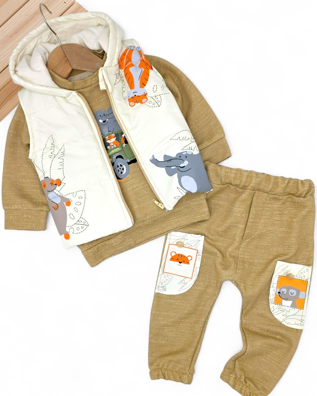 Erkek Bebek Mevsimlik Şişme Yelekli 6-9-12-18 Aylık 3'lü Bebek Takımı R2314