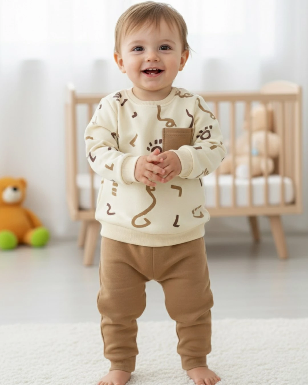 Erkek Bebek  6-9-12-18-24 Ay Kışlık 3 İP Şardonlu Baskılı Alt Üst Şık Eşofman Takımı R2275 - AÇIK KAHVERENGİ