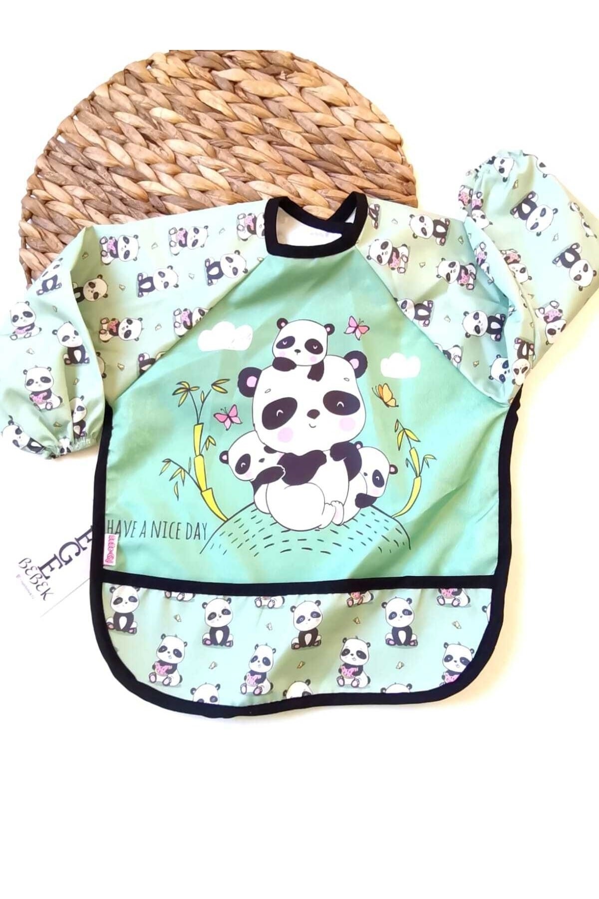 Panda Baskılı Unisex Bebek Uzun Kollu Sıvı Geçirmez Mama Önlüğü MM3