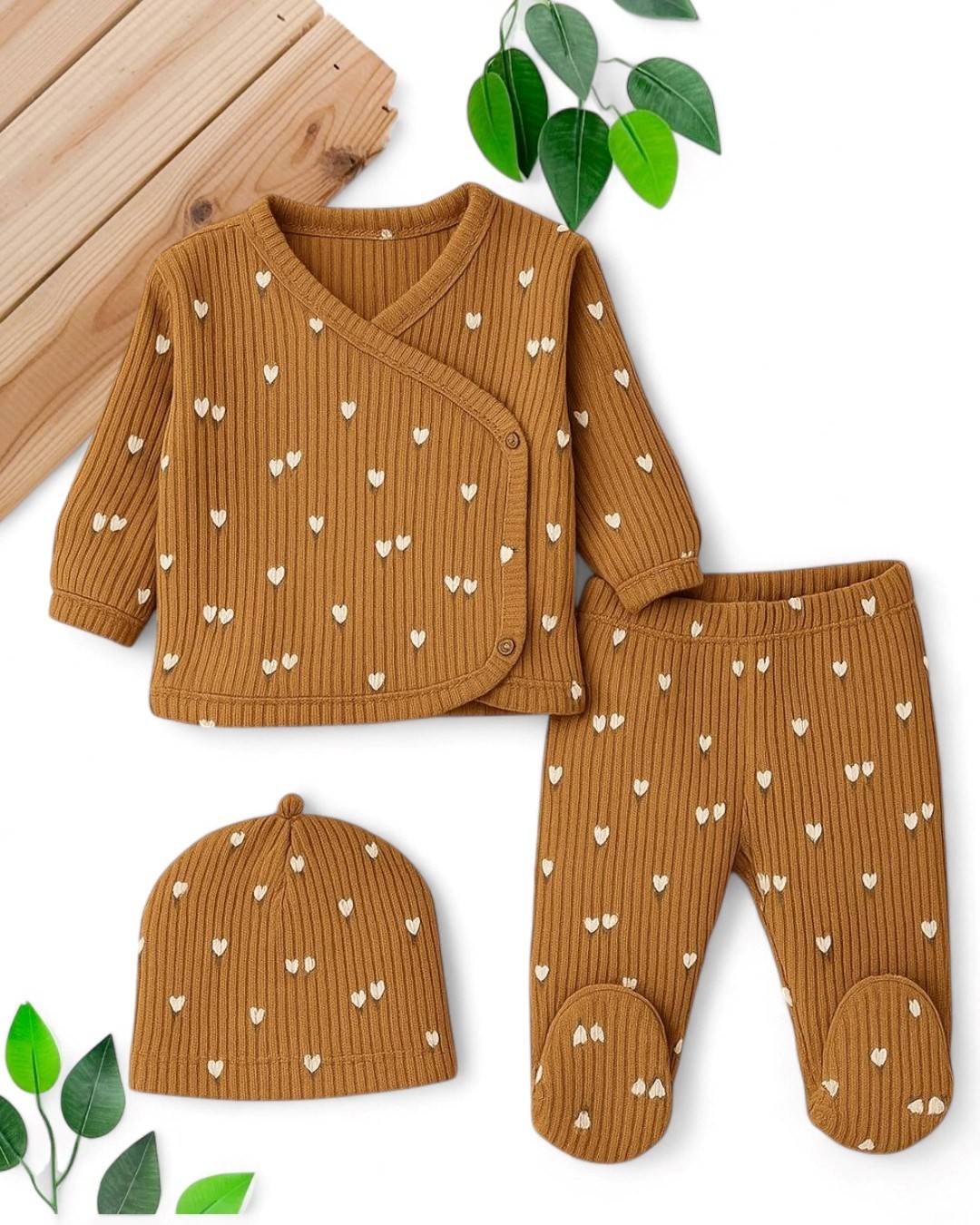 KIZ BEBEK LALE BASKILI 0-3 AY KENDİNDEN ELDİVENLİ ŞAPKALI FİTİLLİ MEVSİMLİK TAKIM R1890