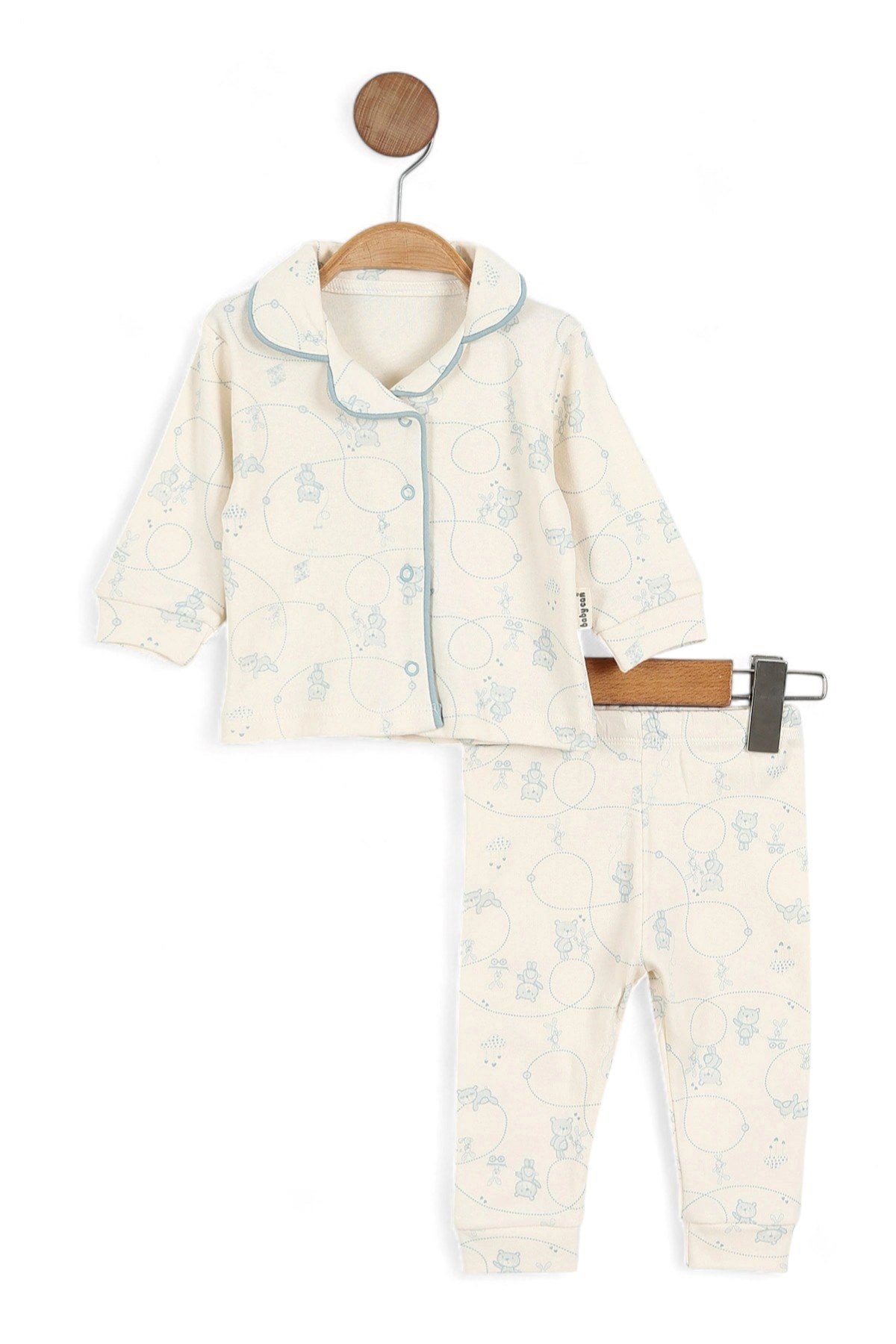 Ayıcık Baskılı Kruvaze Yakalı 3-6-9-12 Ay %100 Pamuklu Pijama Takımı l Gecelik Takımı R2041