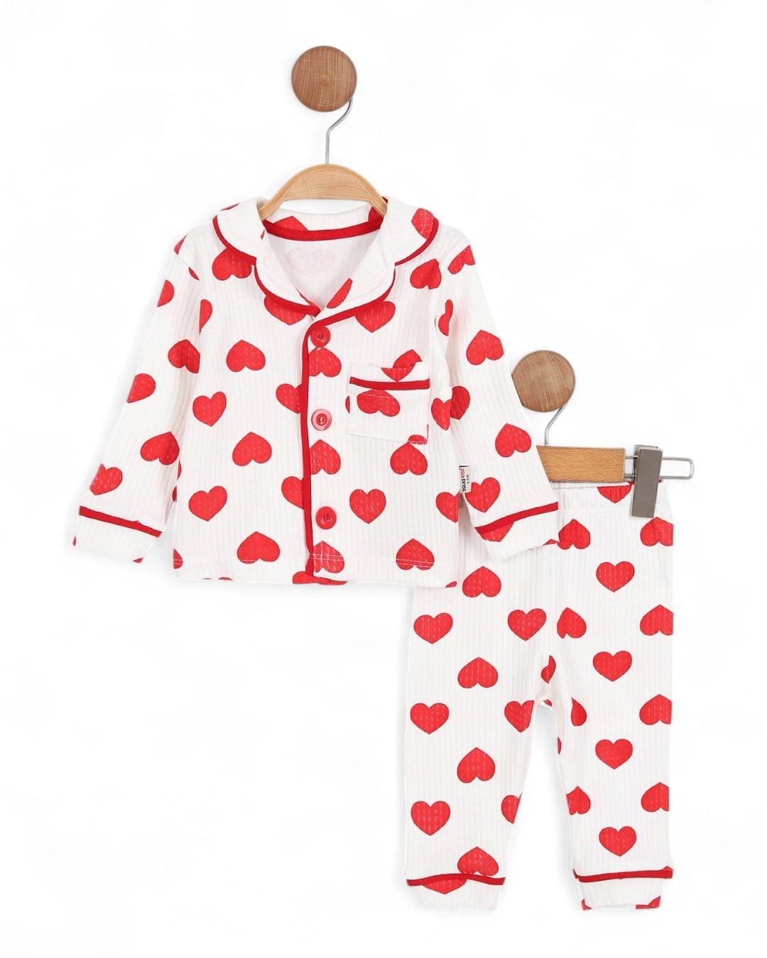 Kız 0-6 Yaş Kalp Baskılı, Kruvaze Yakalı Mevsimlik Düğmeli Gecelik Pijama Takımı R2184