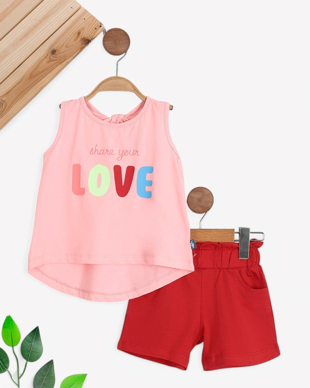 KIZ ÇOCUK YAZLIK ASKILI LOVE BASKILI ŞORTLU ALT ÜST TAKIM 3-6 YAŞ %100 PAMUK R1775 - PEMBE