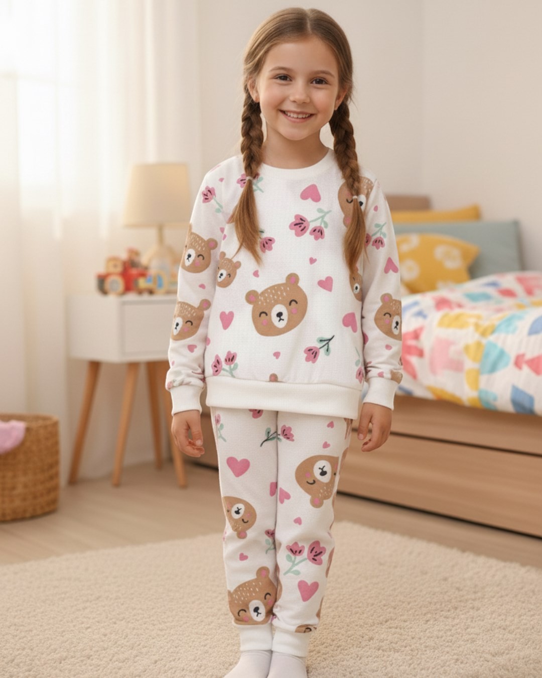 Kız Çocuk 4-5-6-7-8-9-10 Yaş Mevsimlik İnce Baskılı Pijama Gecelik Takımı R1577 - AYICIK