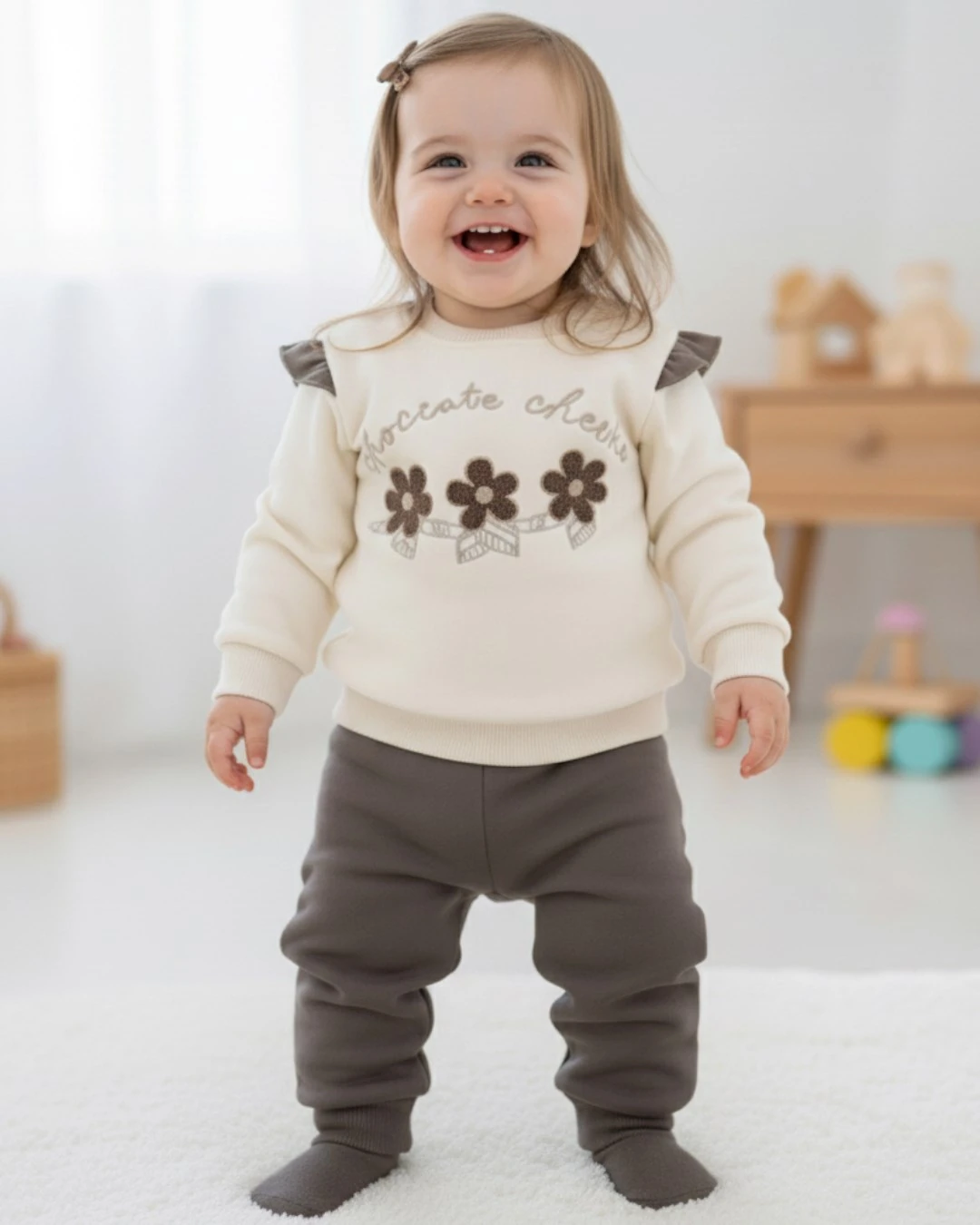 Kız Bebek Papatya Nakışlı, Fırfırlı, 3 İp Şardonlu Kışlık 6-9-12-18-24 Ay Şık Eşofman Takımı R2352 - BEJ