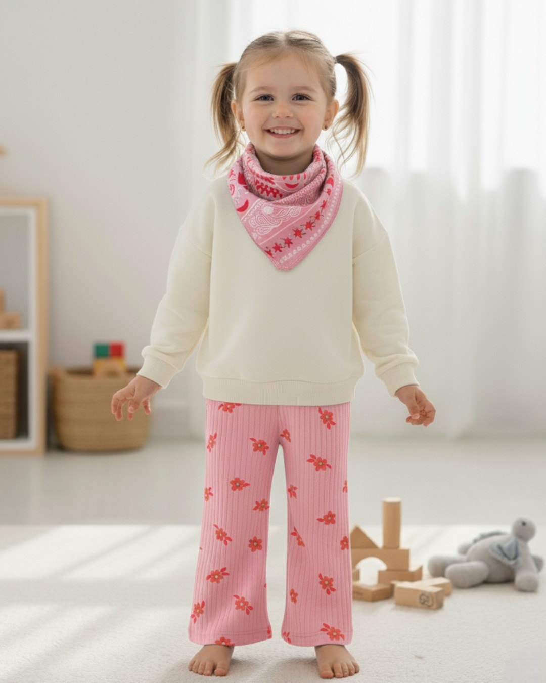 Kız Çocuk Etnik Desen Fularlı, Bol Paça Pantalonlu 3 Parça Şık Mevsimlik Alt Üst Takım R2067 - PUDRA