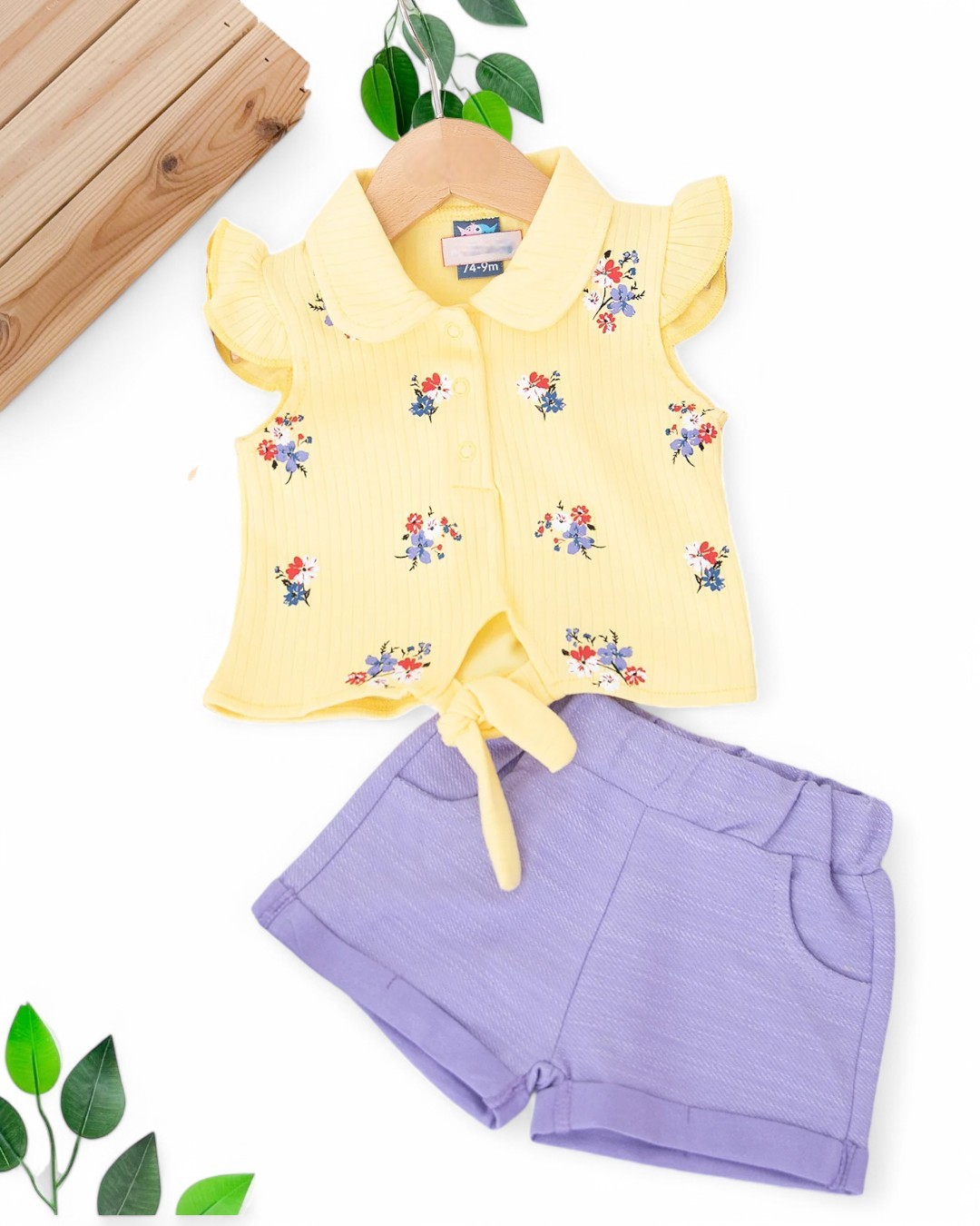 KIZ BEBEK YAZLIK ÇİÇEK BASKILI BLUZLU MÜSLİN ŞORTLU 6-9-12-18-24 AY KIZ BEBEK TAKIMI  R1698 - SARI