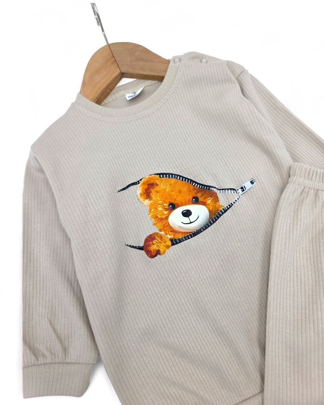 Ayıcıklı Fermuar Desenli Fitilli Pamuklu Erkek Bebek Takımı | Bebek Eşofman Pijama Alt Üst Takım R2208