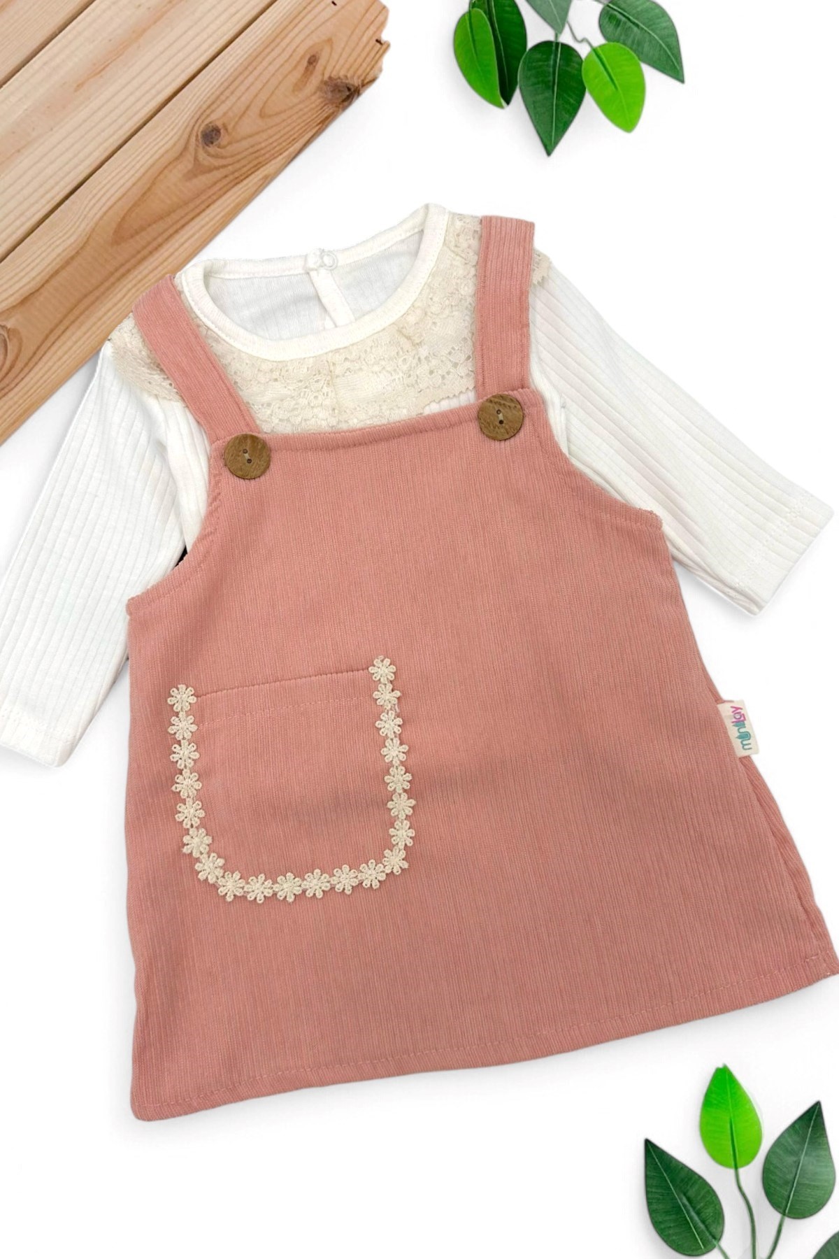 KIZ BEBEK MEVSİMLİK ÇİÇEK AKSESUARLI SALOPET 3-6-9-12-18 AY  ELBİSE VE İÇ BADİSİ R1553 - MERCAN
