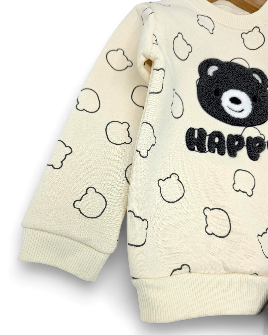 Erkek Bebek Kışlık 3 İp Şardonlu, Ayıcık Nakışlı Baskılı Şık Alt Üst Takım, 6-9-12-18-24 Ay / R2334