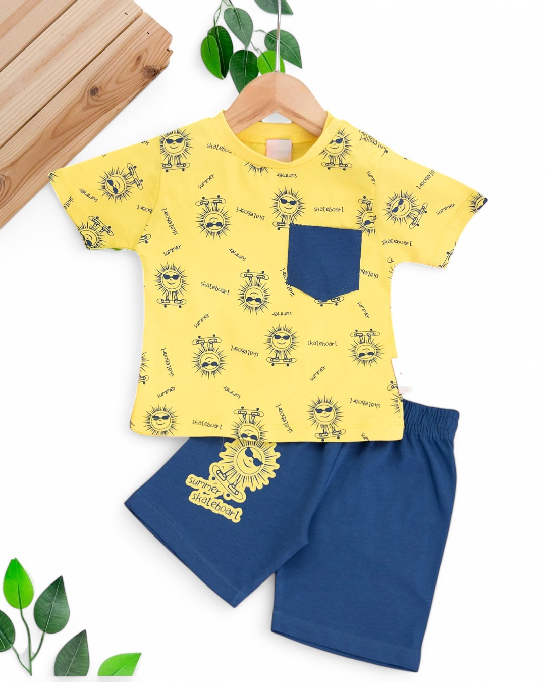 ERKEK BEBEK YAZLIK BASKILI CEP DETAYLI 6-9-12-18-24 AY ŞORTLU BEBEK TAKIMI R1691 - SARI