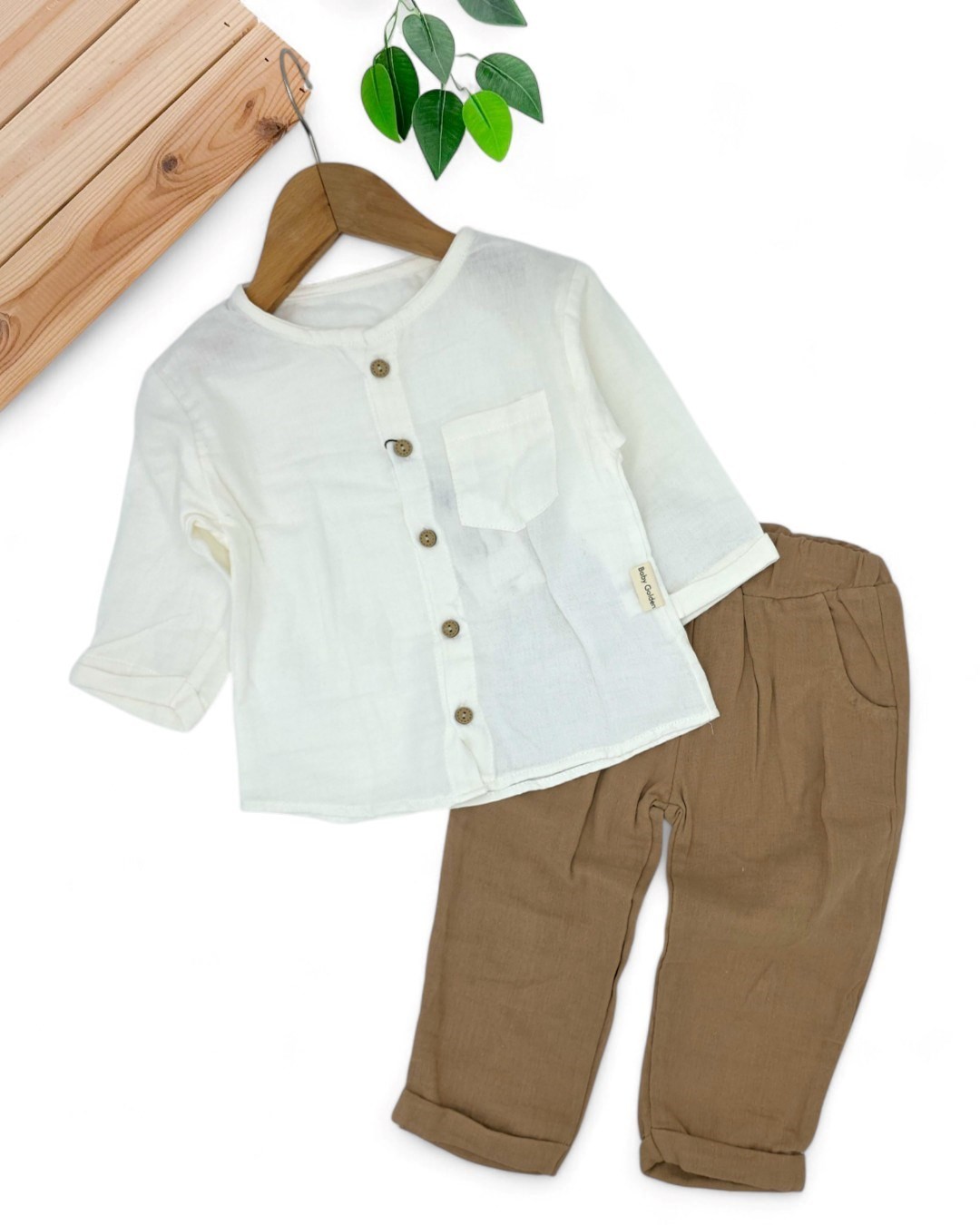 Erkek Bebek Müslin Gömlekli, Pantalonlu Şık 2-3-4-5-6 Yaş %100 Organik Pamuk Çocuk Takımı R2051 - KAHVERENGİ