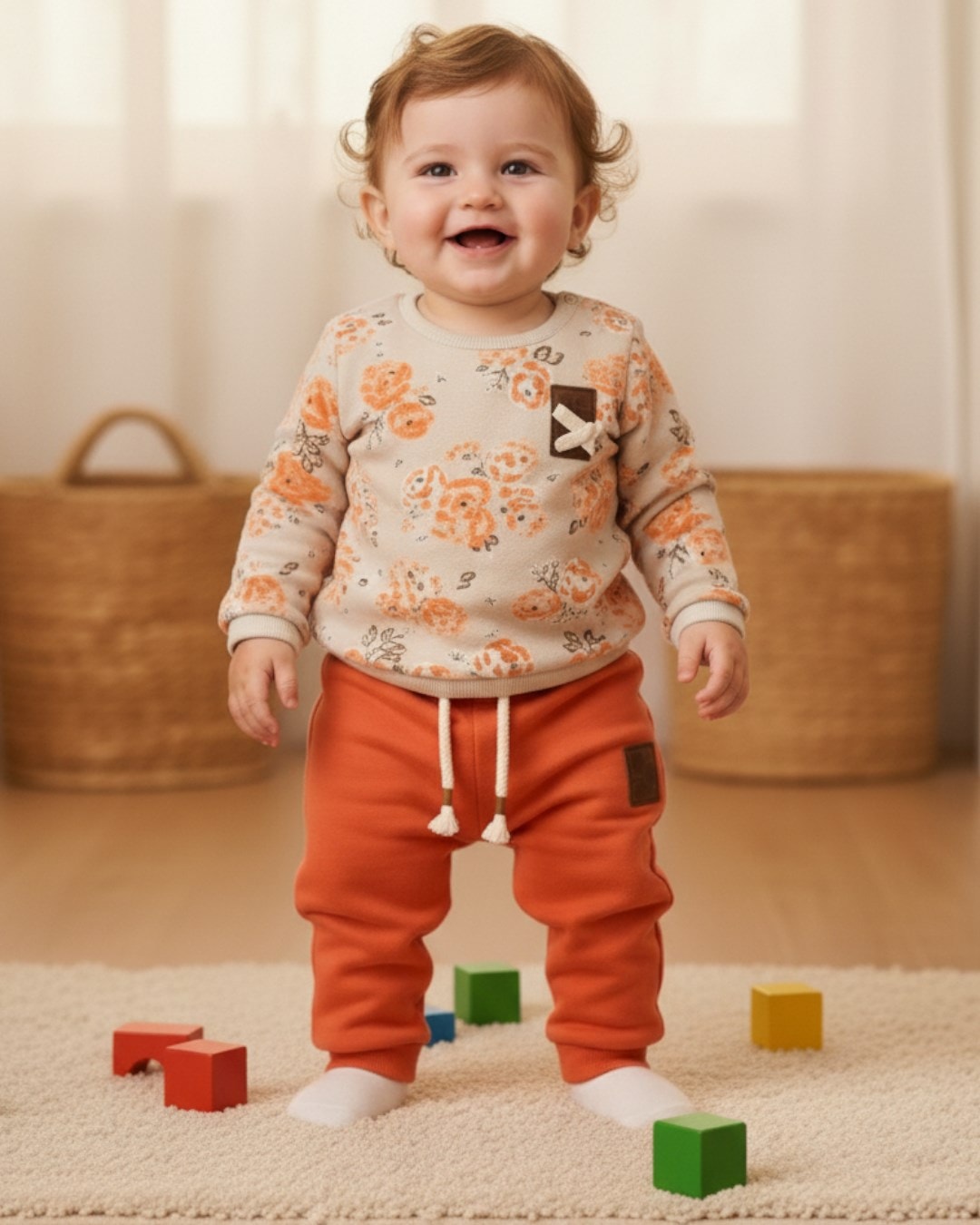 Kız Bebek Çiçek Baskılı 3 İp Şarondlu Kışlık Alt Üst Eşofman Takımı R2236 - NAR ÇİÇEĞİ