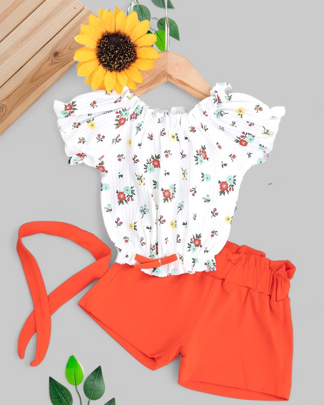 Kız Bebek Bandanalı Yazlık Çiçek Baskılı Interlok Fitilli Kumaş 6-9-12-18-24 Ay  Alt Üst Bebek Takım R1686 - KIRMIZI