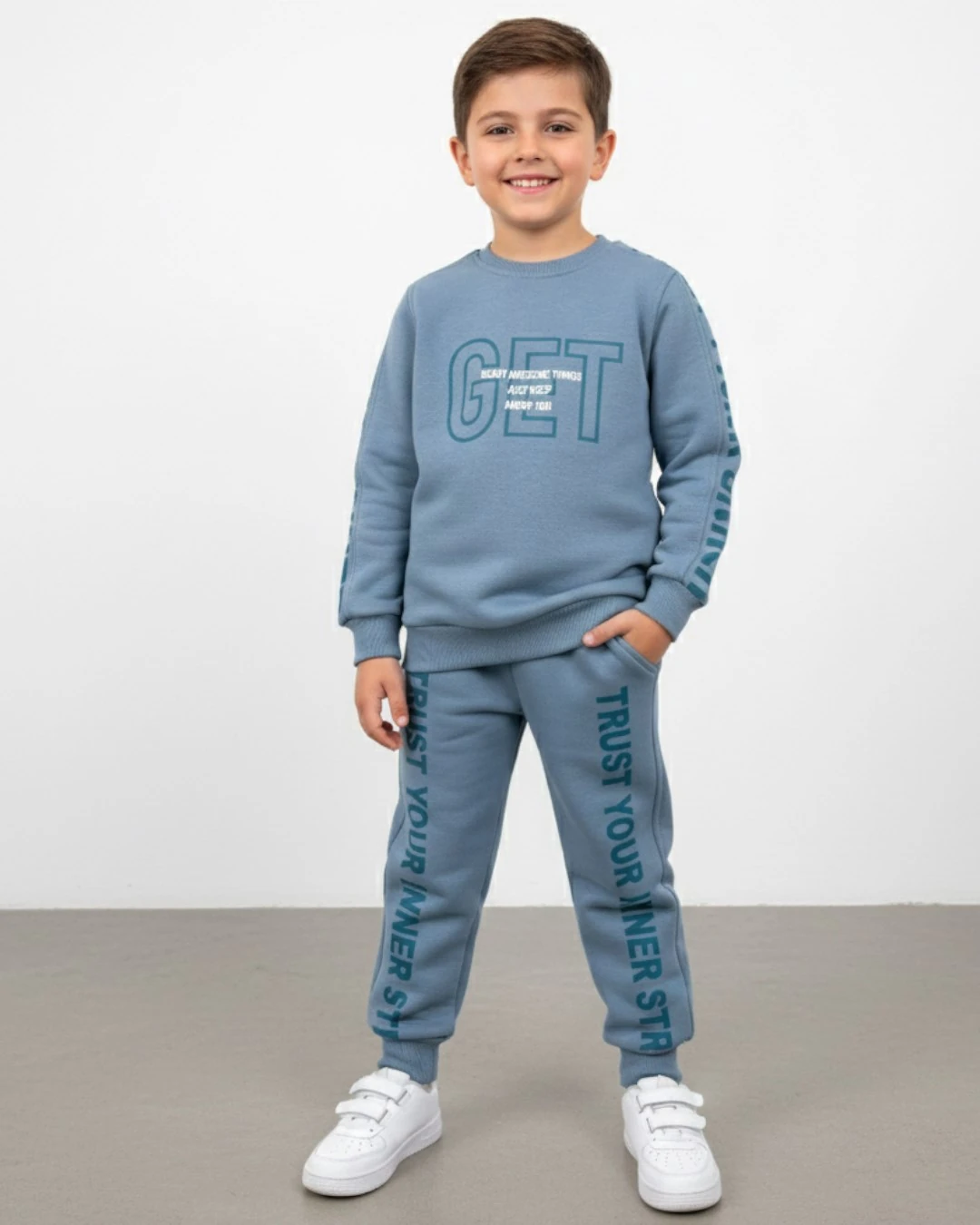 ERKEK ÇOCUK KIŞLIK 3 İP ŞARDONLU GET BASKILI BİSİKLET YAKALI EŞOFMAN TAKIMI, SWEATSHİRT VE PANTALON  - MAVİ