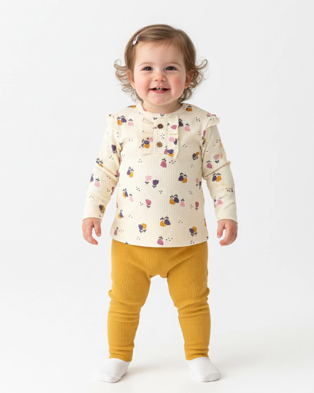 Kız Bebek Lale Baskılı Ribana Kumaş, Fitilli Şık Taytlı Alt Üst Bebek Takımı l 6-24 Ay l Mevsimlik R2381