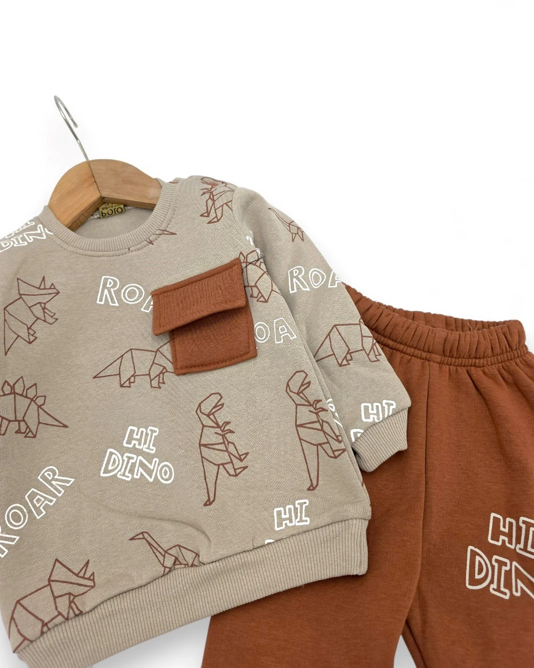 Erkek Bebek Kışlık 3 İp Şardonlu Dinozor Baskılı 6-9-12-18-24 Ay Alt Üst Eşofman Takımı R2387