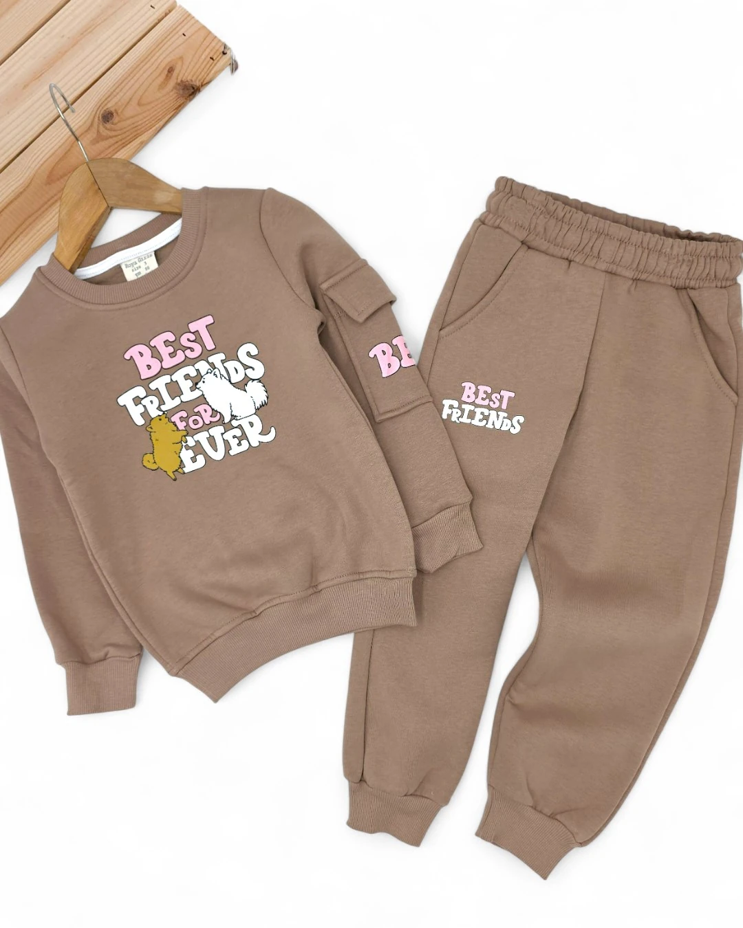 Kız Çocuk Kışlık 2-3-4-5-6 Yaş 3 İp Şardonlu Baskılı Cep Detaylı Eşofman Takımı  R2290