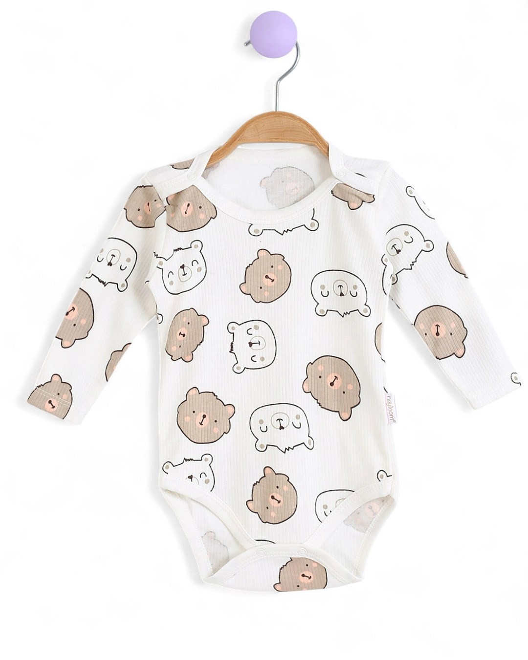 Ayı Baskılı Uzun Kollu Bebek Çıtçıtlı Body, Zıbın, Atlet 0-3 Yaş BD12 - BEJ