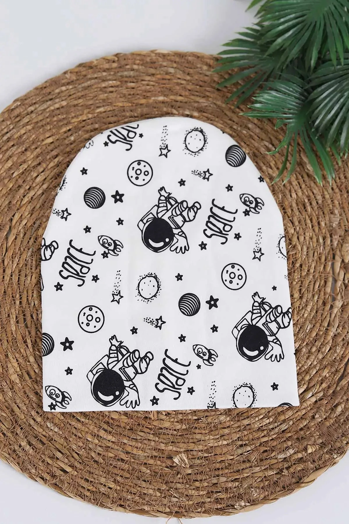 Space Baskılı Penye Kumaş Çocuk Beresi 1-3 Yaş BR36 - BEYAZ