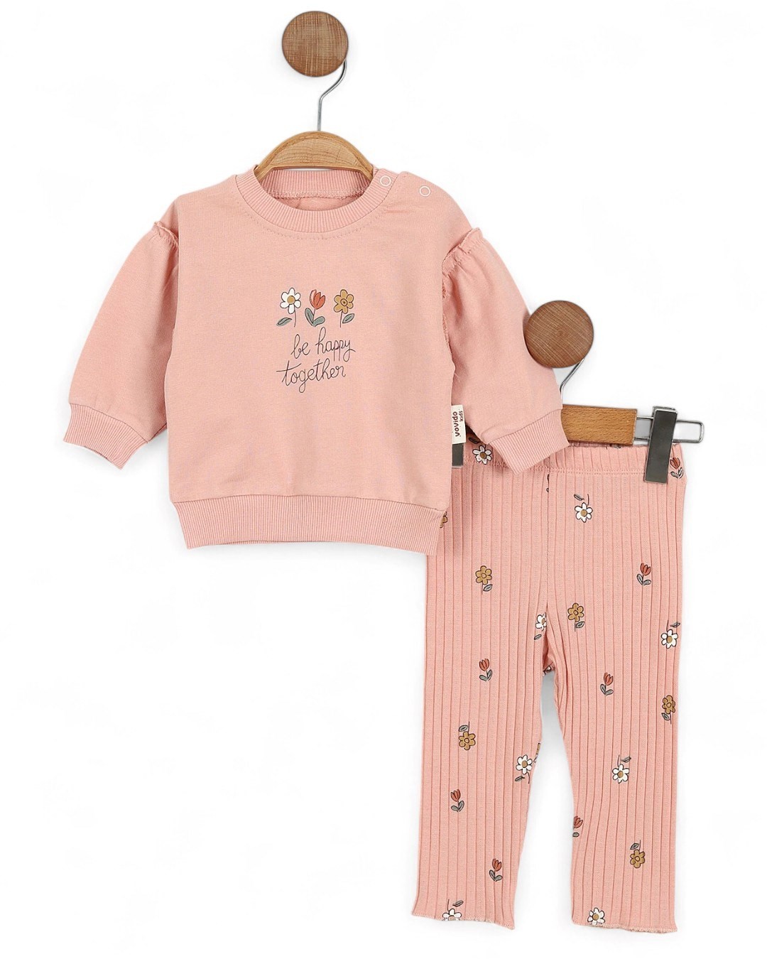 Kız Bebek Çiçek Baskılı, Omuzları Fırfır Detaylı, Taytlı 6-9-12-18-24 Ay Şık Bebek Takımı R2079