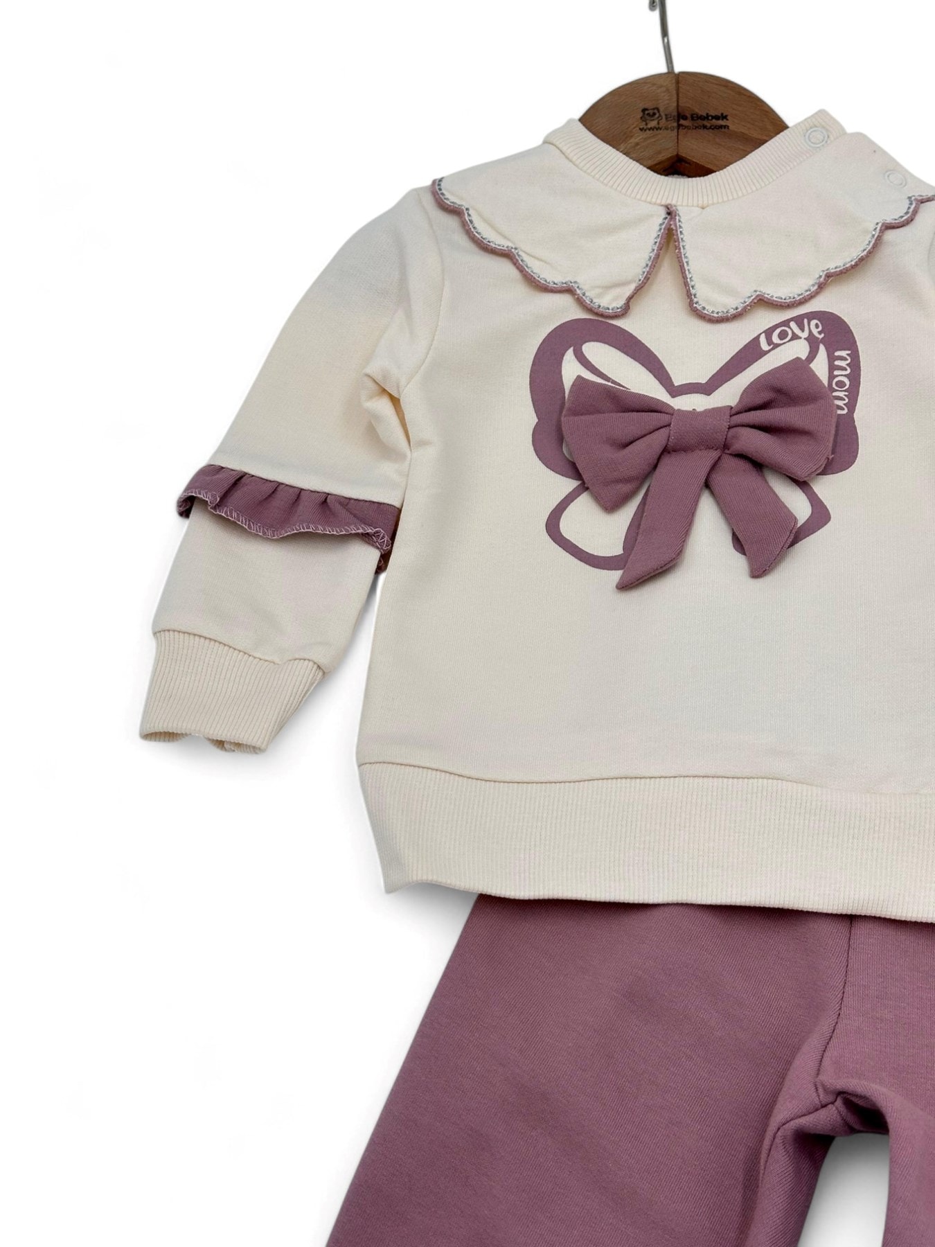 Kız Bebek Fiyonk Aksesuarlı Mevsimlik Dantel Yakalı 6-9-12-18-24 Ay Bebek Takımı R1484