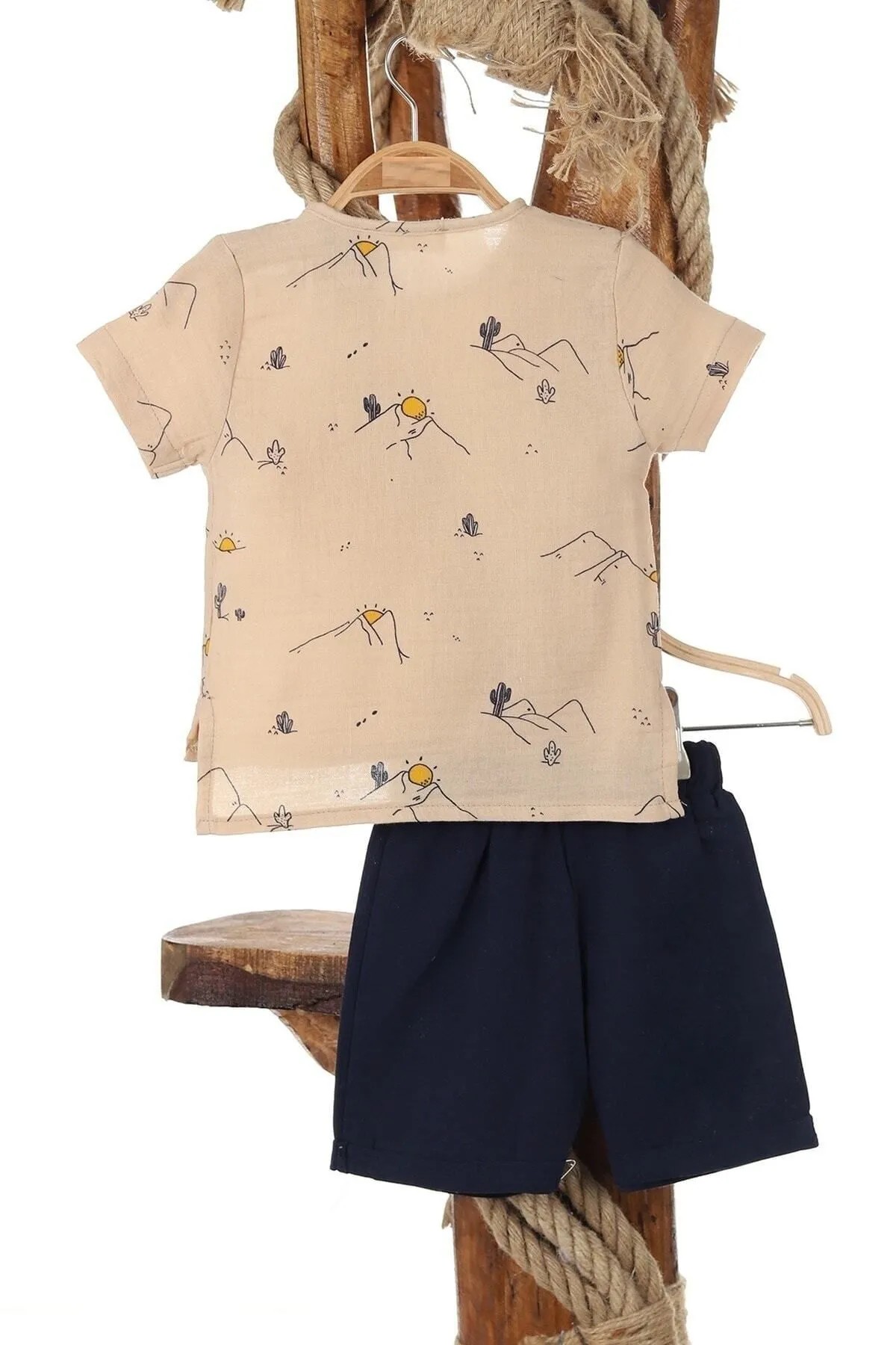 Unisex Bebek Güneş Baskılı %100 Pamuk Müslin Alt Üst Bebek Takımı R503 - KREM