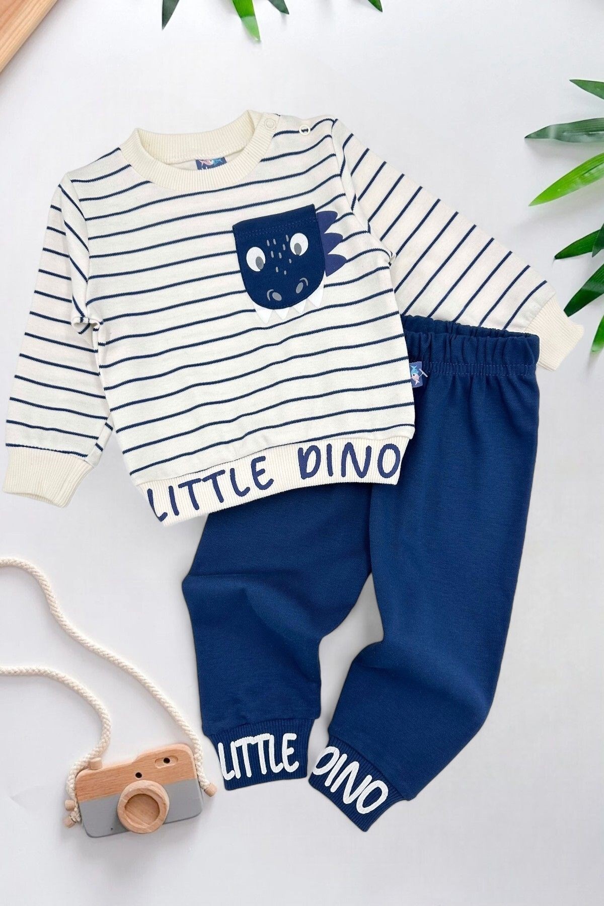 Erkek Bebek Mevsimlik Çizgili Bisiklet Yaka Uzun Kollu %100 Pamuk Bebek Takımı R639 - LACİVERT