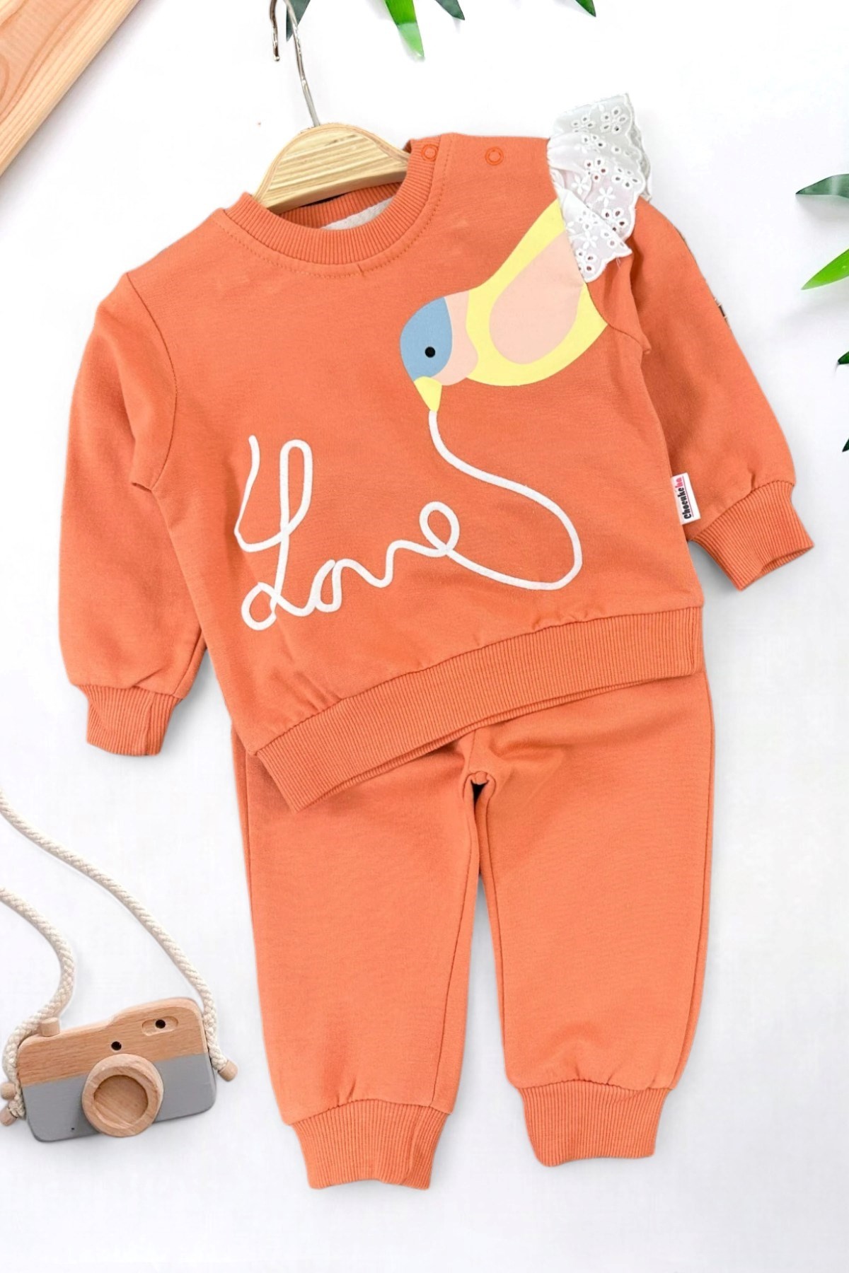 KIZ BEBEK MEVSİMLİK ALT ÜST TAKIM  KUŞ BASKILI BRODE DETAYLI 6-24 AY R1068 - TURUNCU