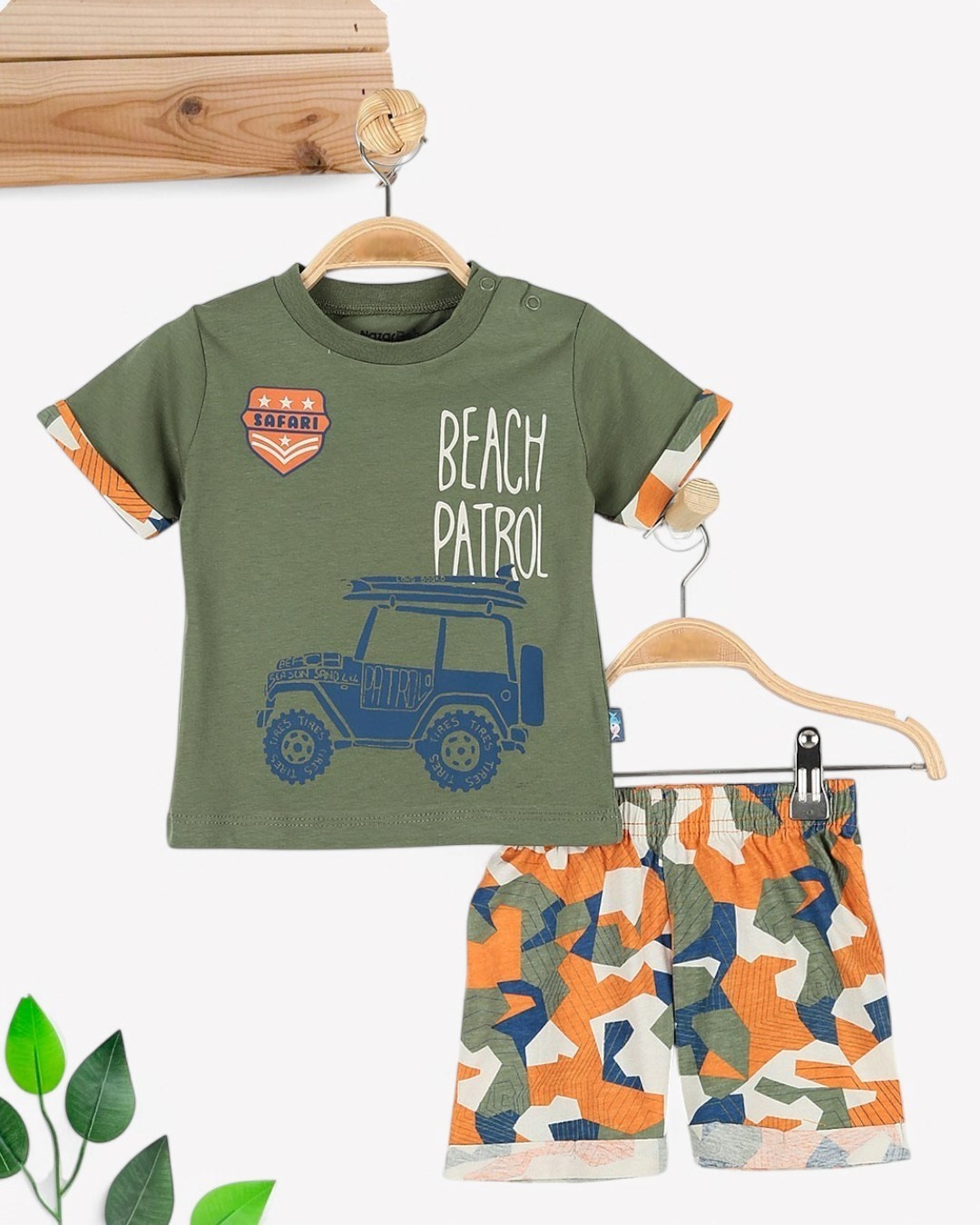 ERKEK BEBEK KAMUFLAJ ŞORTLU ARABA BASKILI YAZLIK 6-9-12-18-24 AY BEBEK TAKIMI R1695 - HAKİ