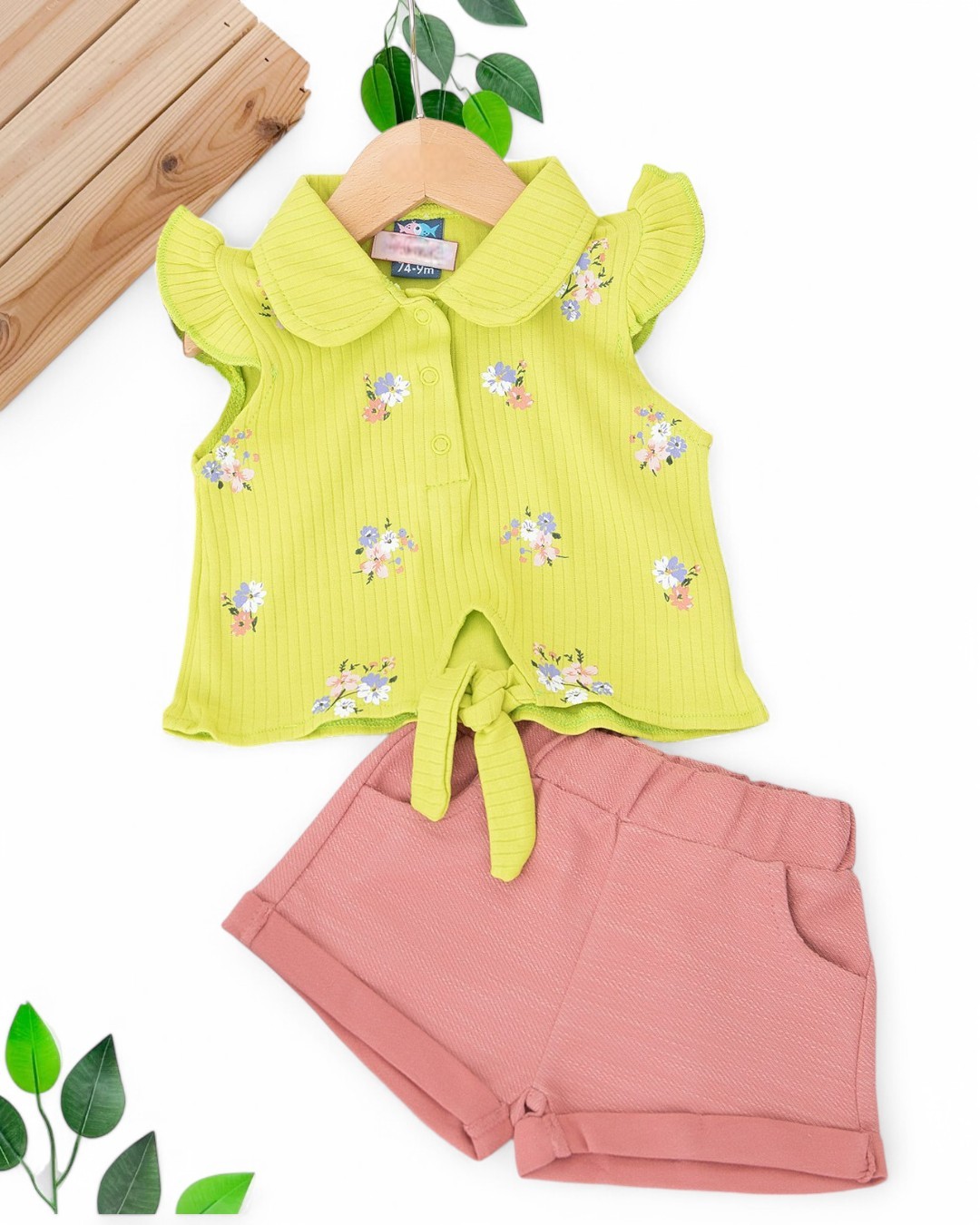 KIZ BEBEK YAZLIK ÇİÇEK BASKILI BLUZLU MÜSLİN ŞORTLU 6-9-12-18-24 AY KIZ BEBEK TAKIMI  R1698 - YEŞİL