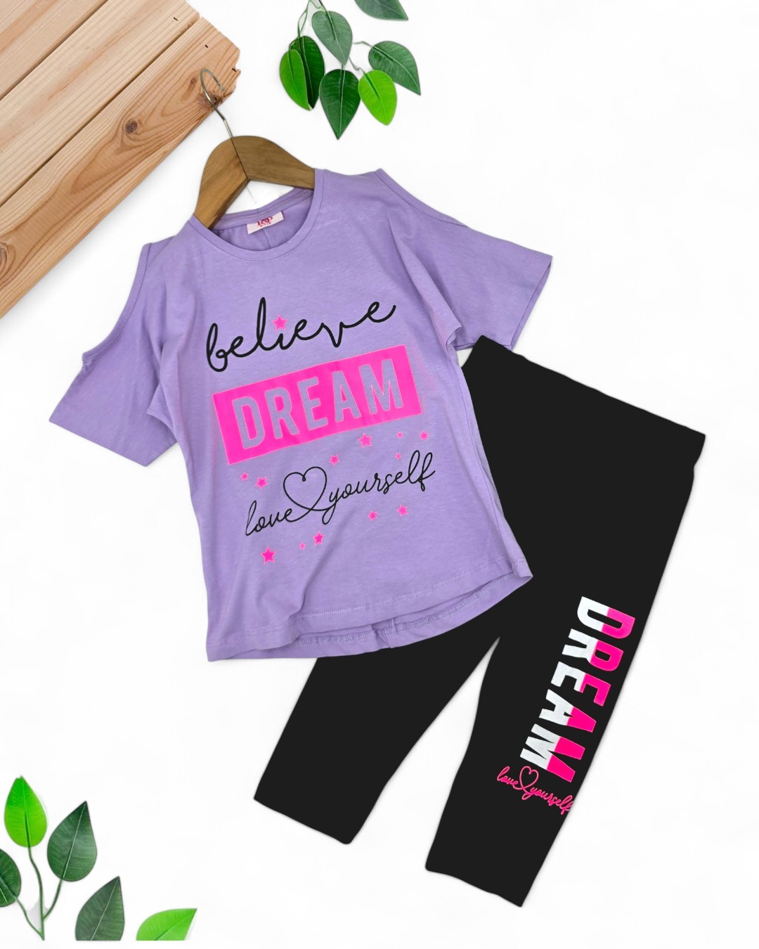KIZ ÇOCUK TAYTLI YAZLIK 5-6-7-8-9 YAŞ OMZU AÇIK T-SHIRTLÜ ALT ÜST TAKIM OT70 - LİLA