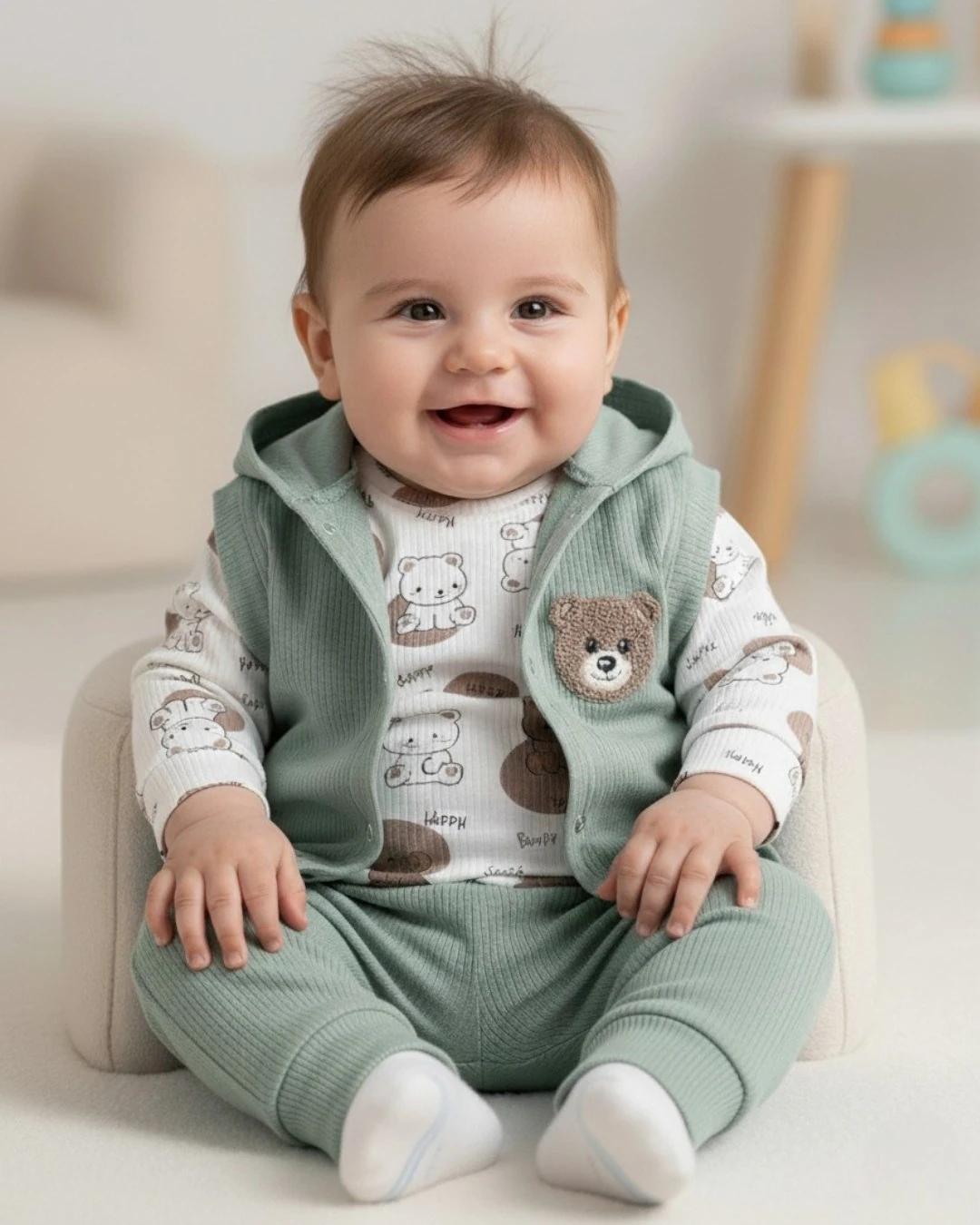 Erkek Bebek Mevsimlik Yeni Doğan 3-6-9-12 Ay Fitilli Yelekli Ayıcık Nakışlı 3 Parça Şık Bebek Takımı R2154 - YEŞİL