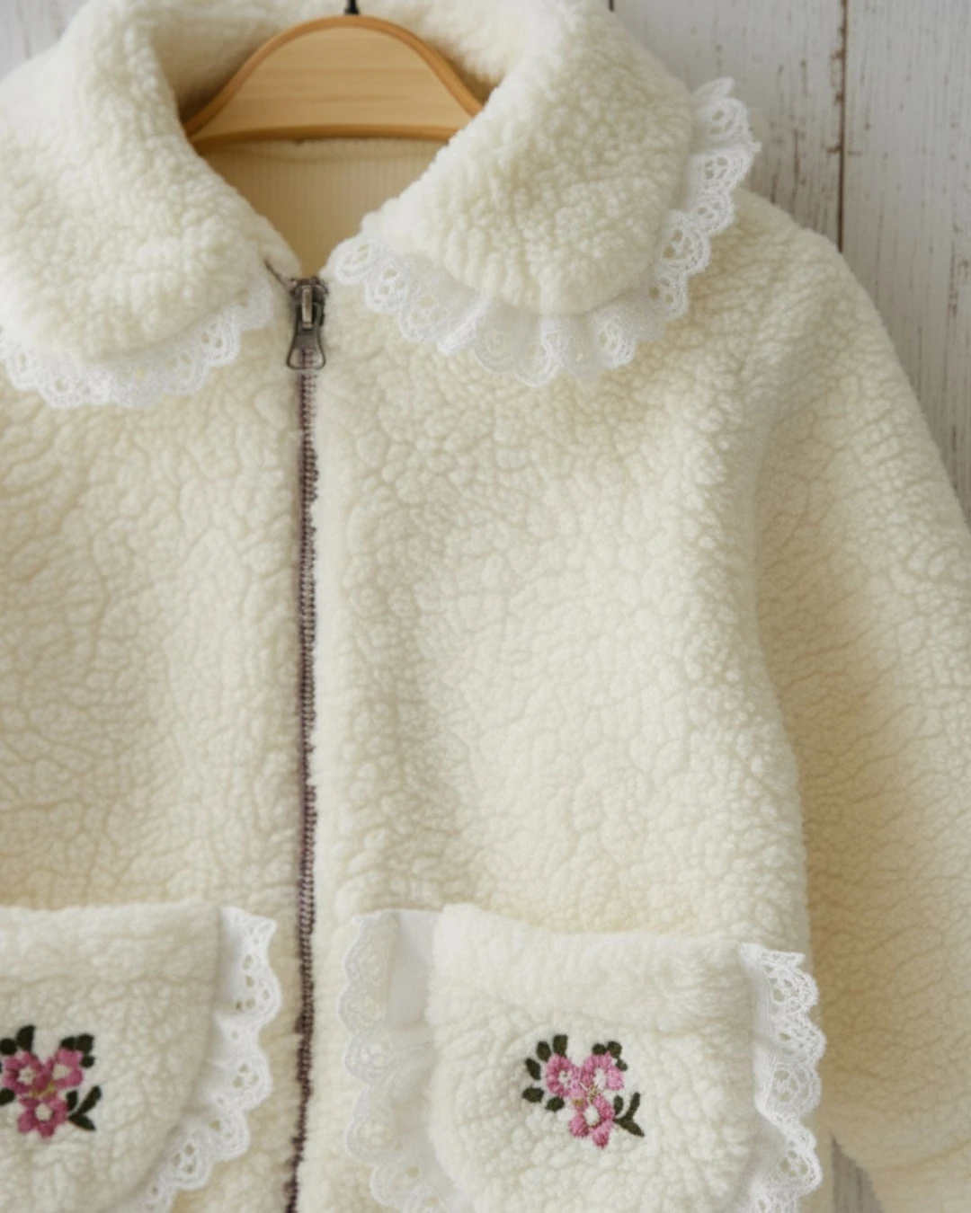 Kız Bebek 1-2-3 Yaş, Çiçek Nakışlı, Fisto Detaylı Kuzu Hırka, Ceket, Polar Hırka Ceket R2358