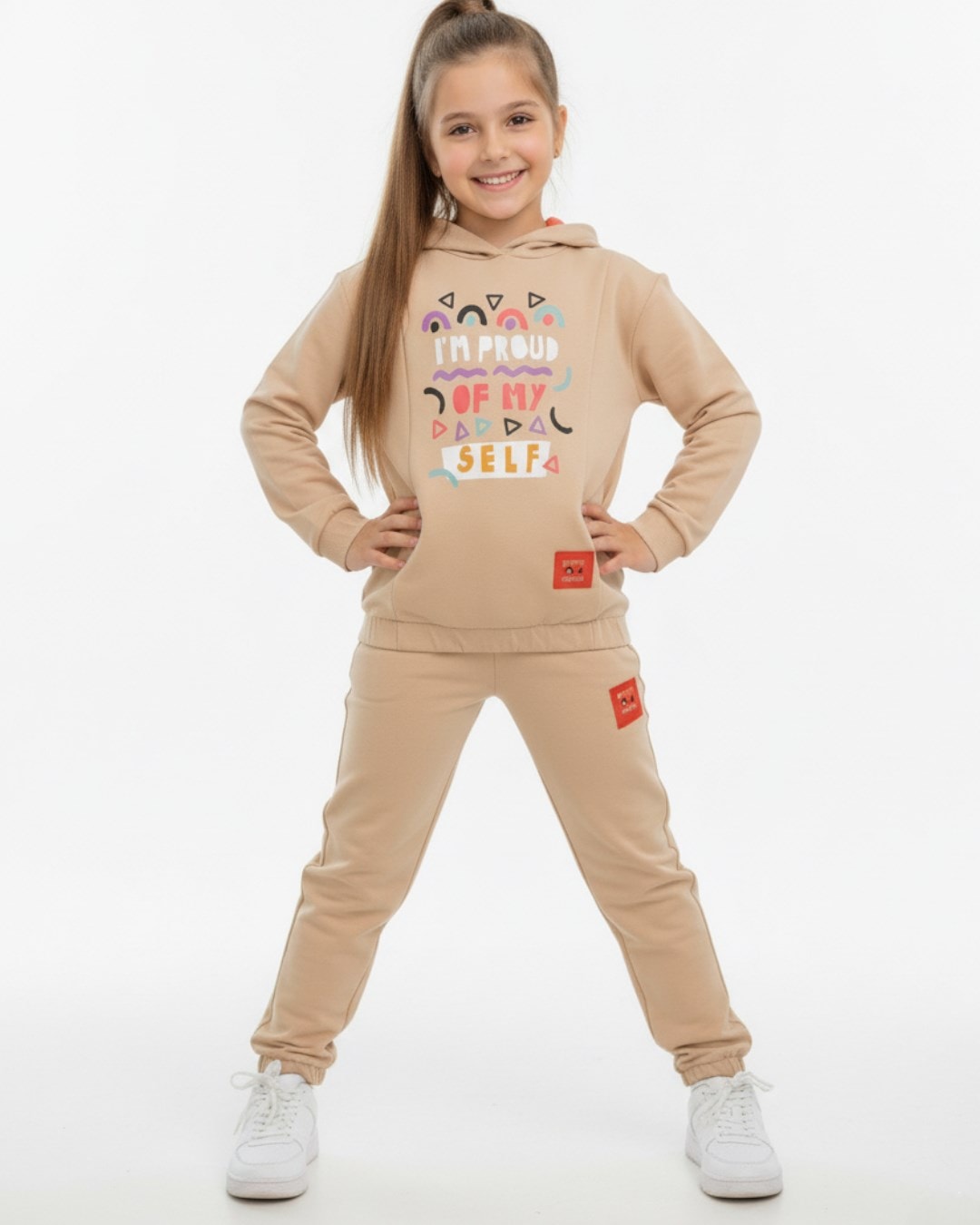 Kız Çocuk 6-7-8-9-10 Yaş Kapüşonşu Mevsimlik Spor Eşofman Takımı / Alt Üst Takım R2326 - BEJ