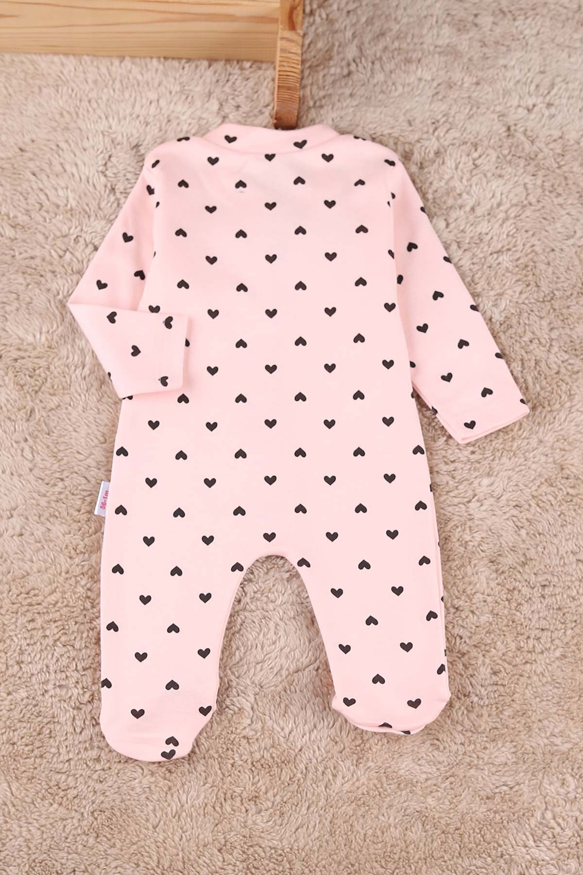 Kız Bebek Kalp Baskılı Patikli Mevsimlik 0-6 AY Uzun Kollu Bebek Tulumu R951