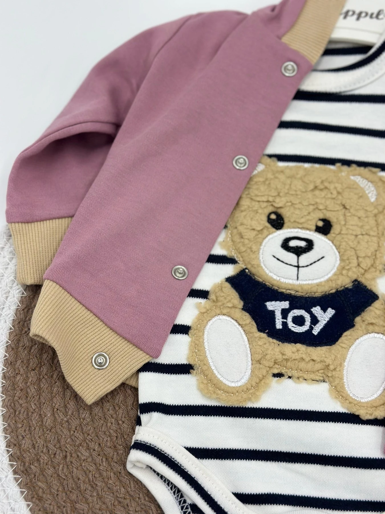 Kız Bebek Ayı Nakışlı Peluş Kapüşonlu 3 Parça Zıbınlı Mevsimlik Bebek Takımı R1204