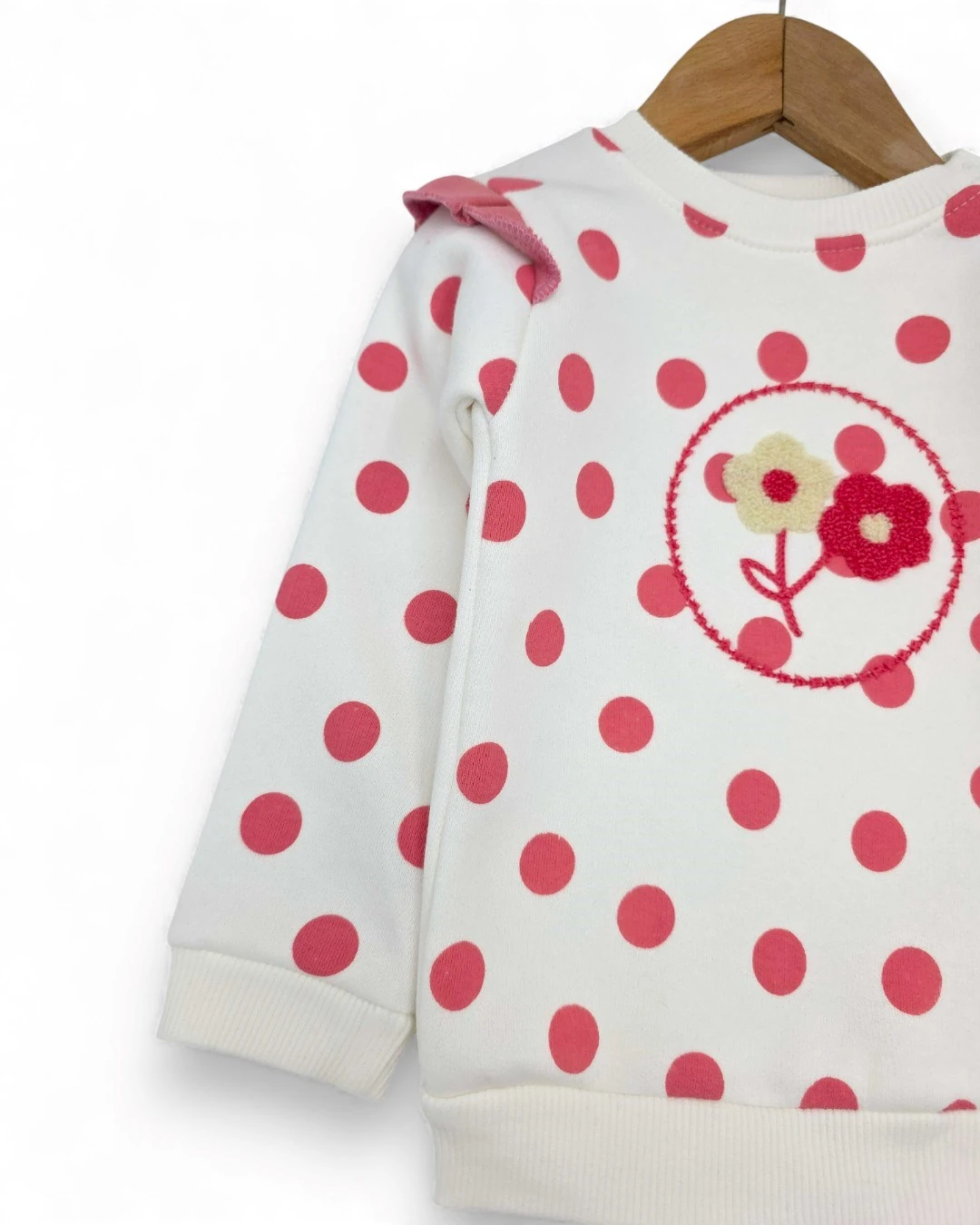 Kız Bebek Puantiyeli Nakışlı, Kışlık 3 İp Şardonlu 6-9-12-18-24 Aylık Alt Üst Bebek Takımı R2392