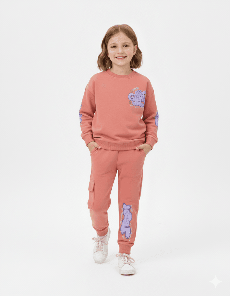 Kız Çocuk Sırtı Baskılı Sweatshirt ve Kargo Cepli Eşofman Altlı 6-7-8-9-10 Yaş Eşofman Takımı  R2143 - TURUNCU