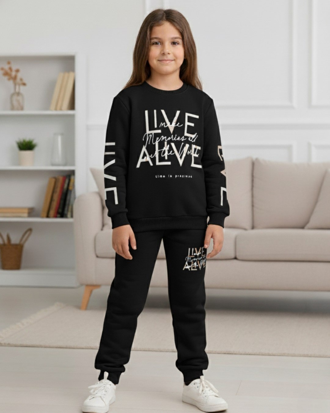 Erkek Çocuk 10-11-12-13-14 Yaş Kışlık 3 İp Şardonlu Baskılı Eşofman Takımı / Sweatshirt ve Alt R2280 - SİYAH